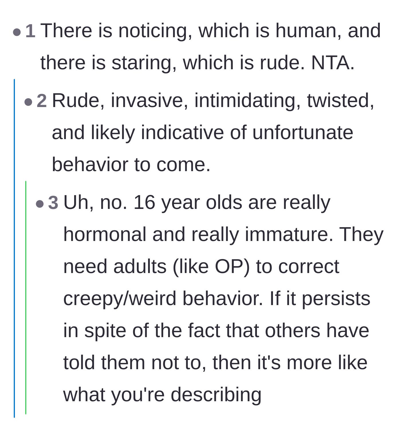 Comment thread 4 - A conversation distinguishing between an innocent passing glance and deeply rude, intrusive staring.