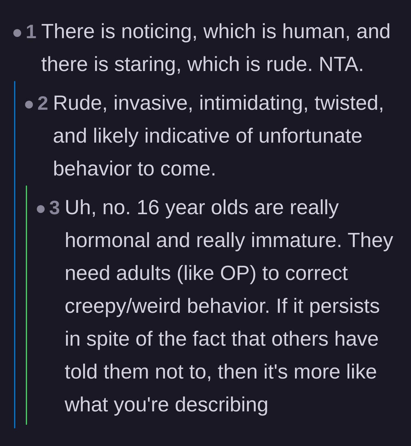 Comment thread 4 - A conversation distinguishing between an innocent passing glance and deeply rude, intrusive staring.