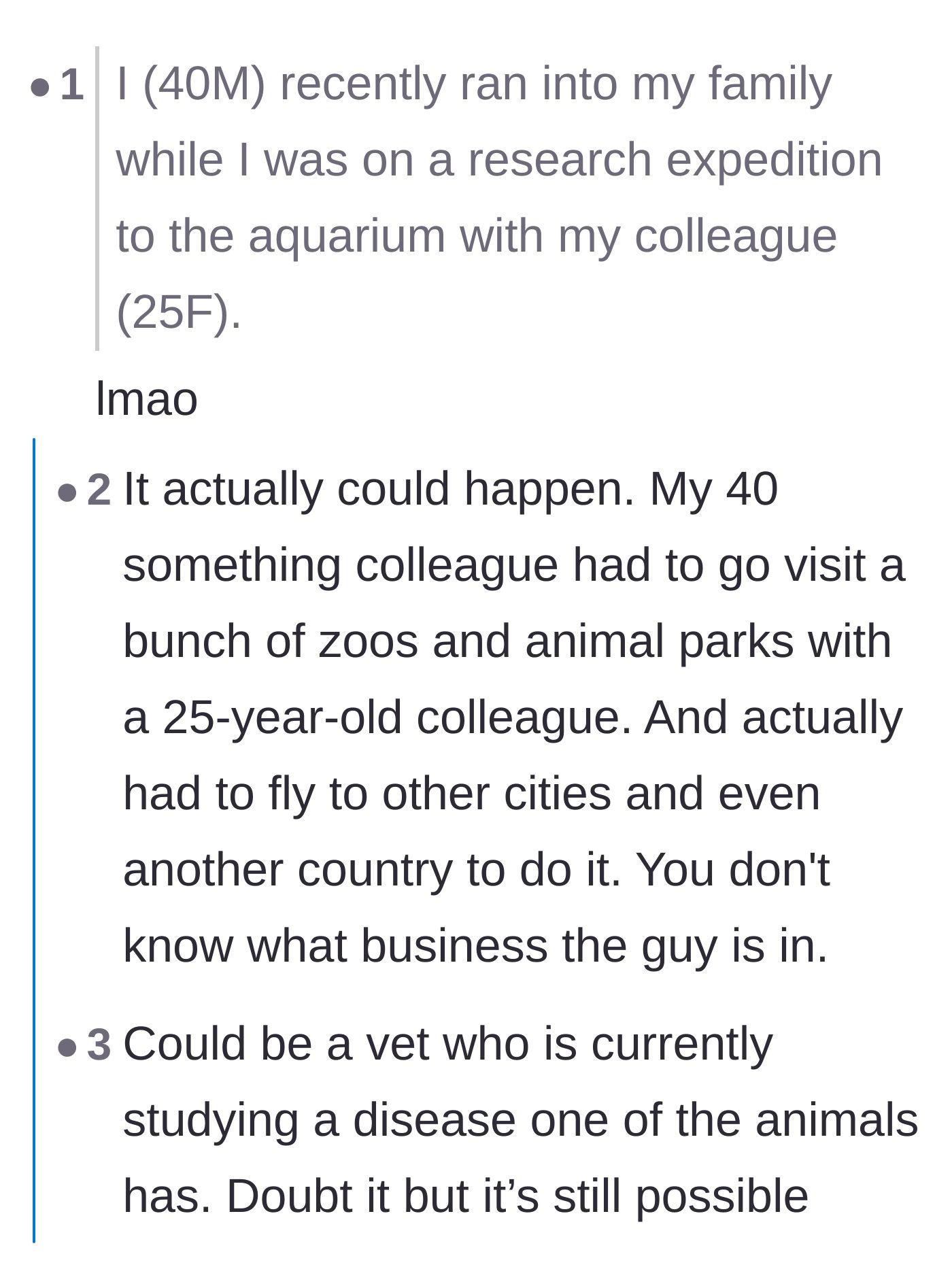 Comment thread 5 - Readers debating whether a 40-year-old and a 25-year-old would actually be at an aquarium together for work.