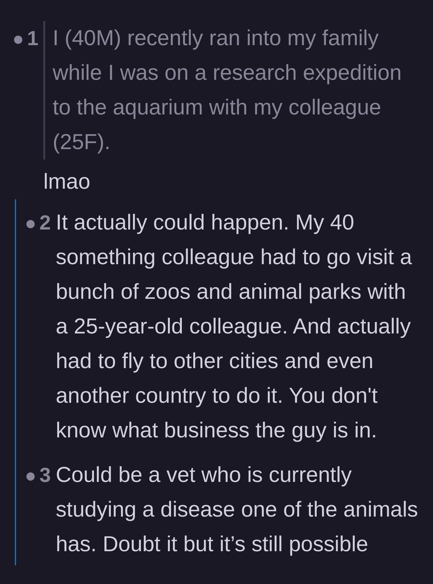 Comment thread 5 - Readers debating whether a 40-year-old and a 25-year-old would actually be at an aquarium together for work.