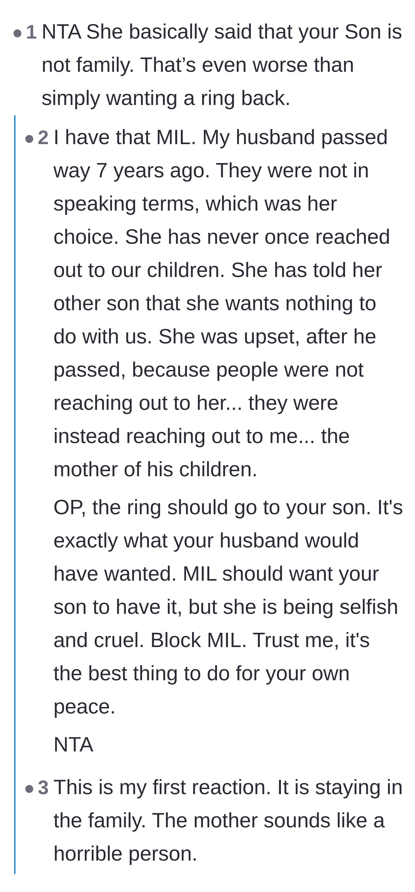 Comment thread 1 - A fellow widow sharing her own painful experience of being cut off by a grieving mother-in-law.
