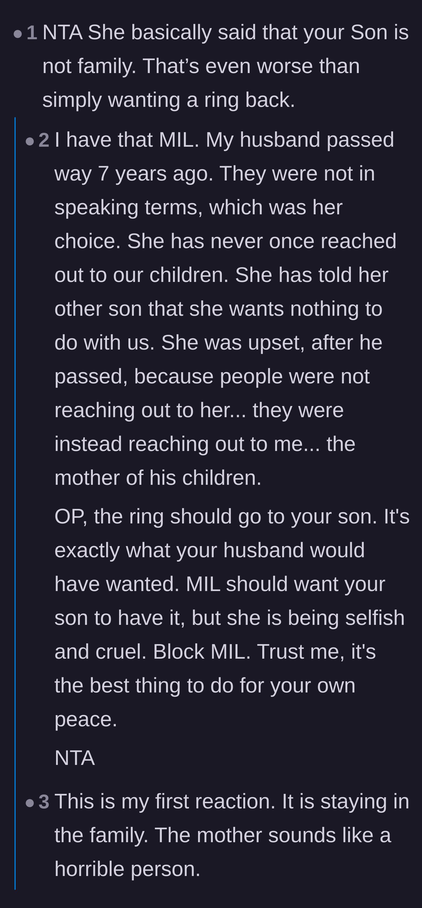 Comment thread 1 - A fellow widow sharing her own painful experience of being cut off by a grieving mother-in-law.