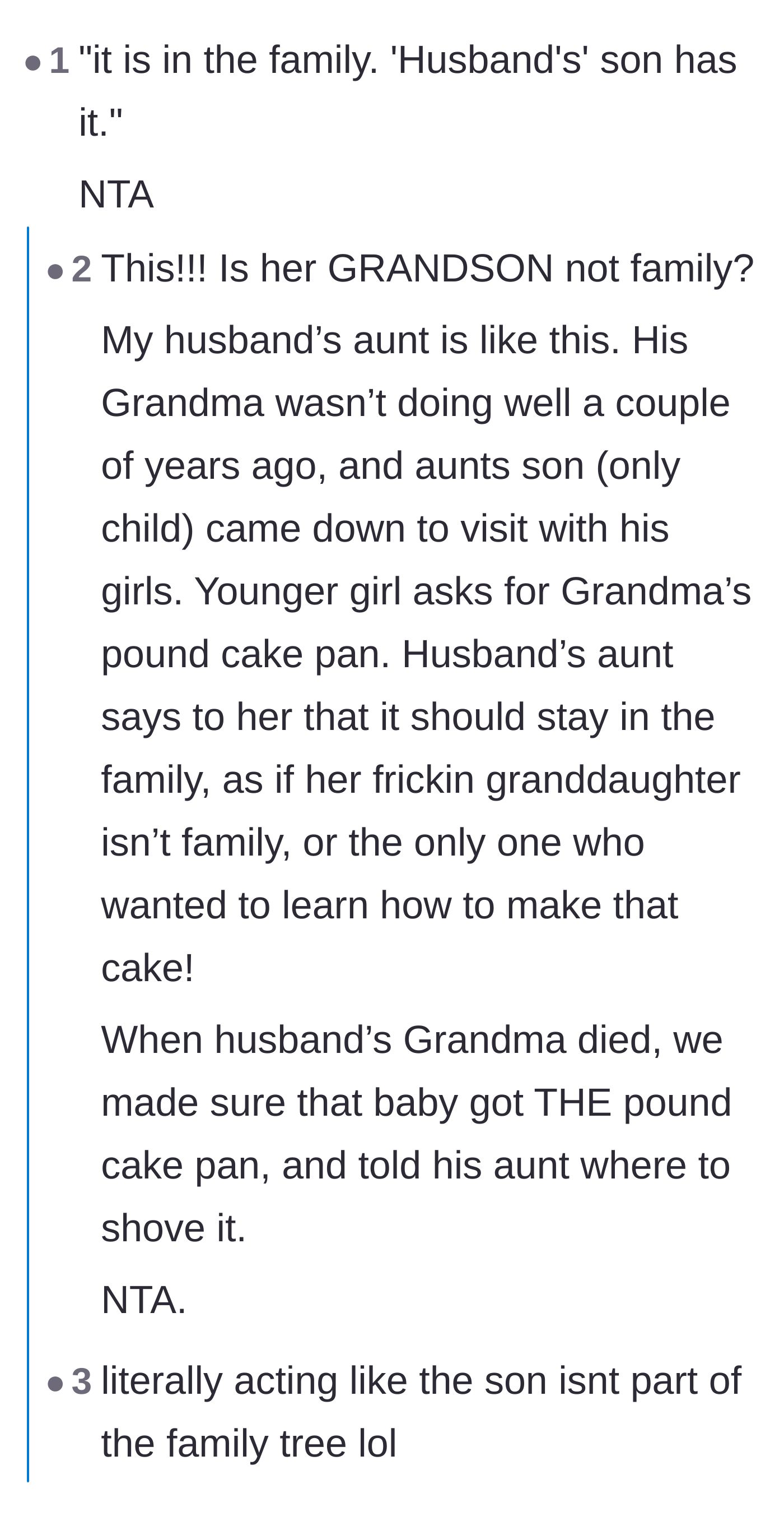 Comment thread 2 - Readers relating to the absurdity of extended relatives deciding a grandson doesn't count as 'real' family.