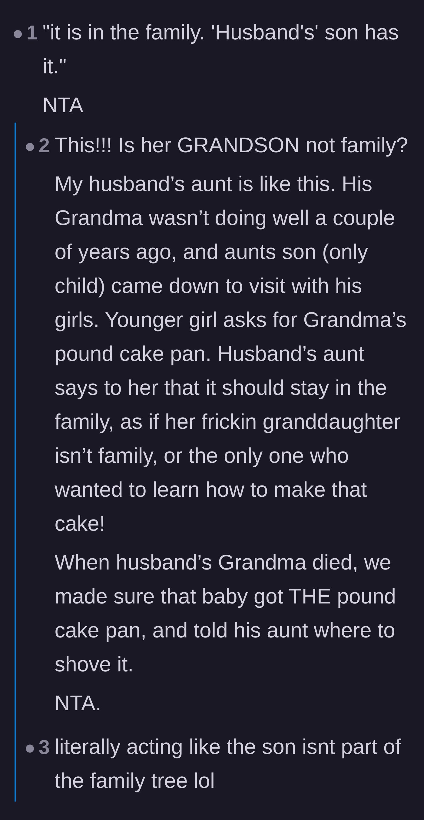 Comment thread 2 - Readers relating to the absurdity of extended relatives deciding a grandson doesn't count as 'real' family.