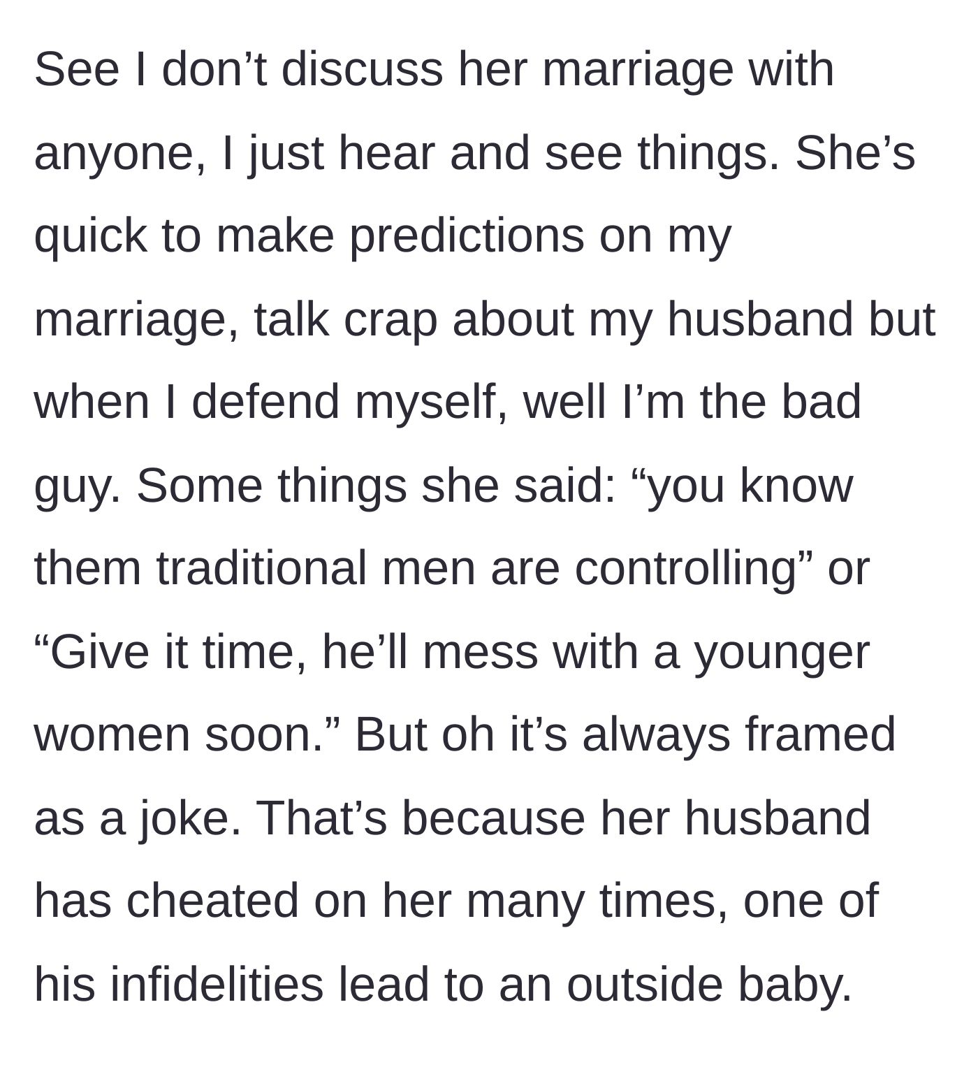 Story part 3 - The sister's hypocritical comments about cheating, hiding her own husband's massive infidelities.