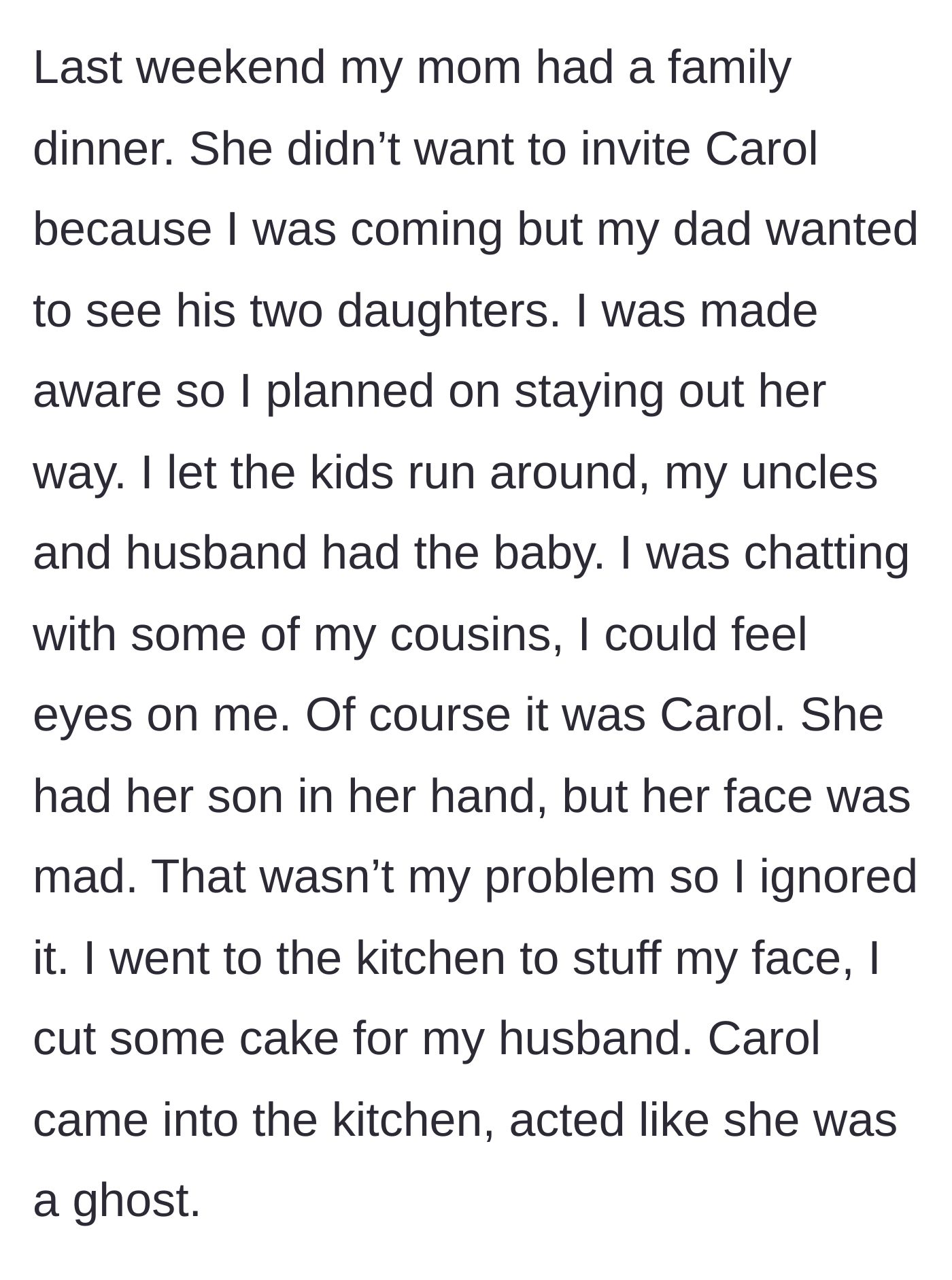Story part 4 - The tense family dinner where the main character tries to avoid her glaring, bitter sister.