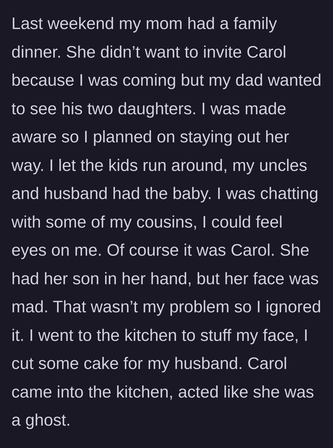 Story part 4 - The tense family dinner where the main character tries to avoid her glaring, bitter sister.