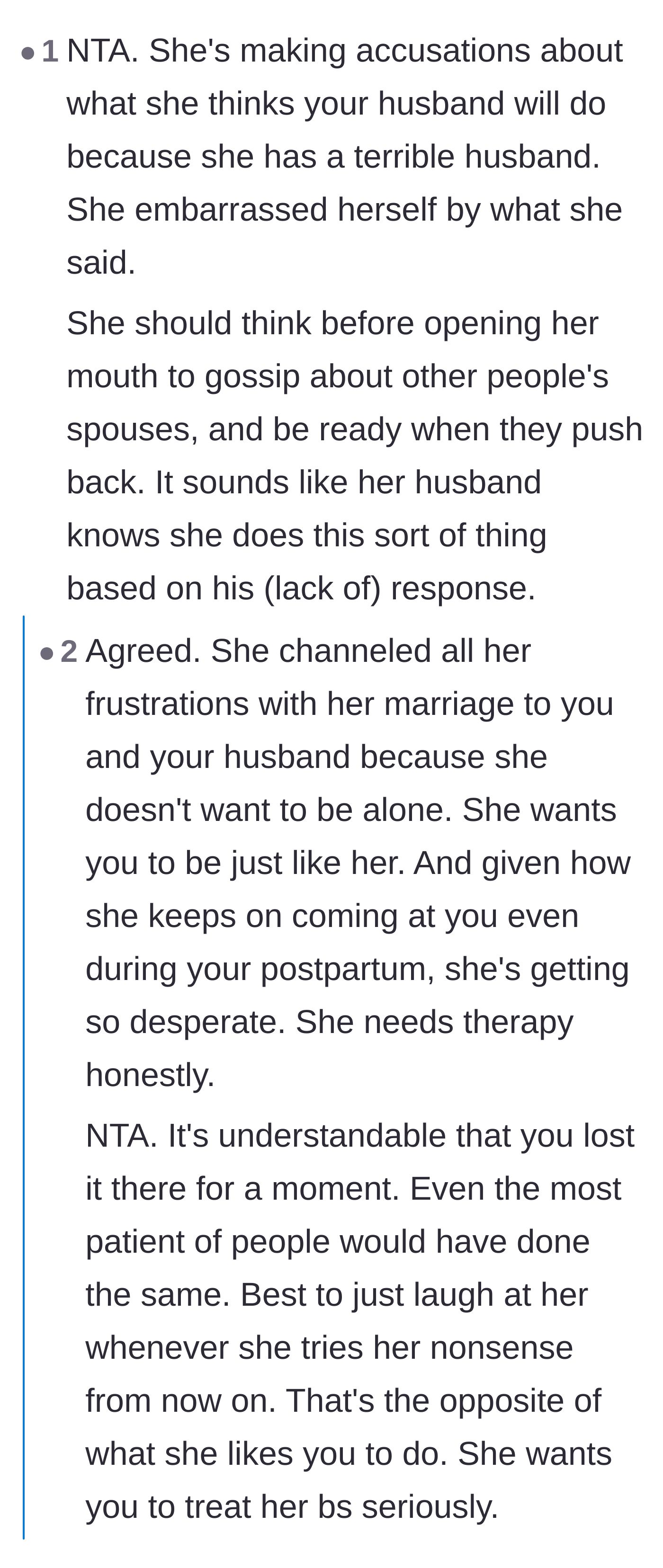Comment thread 1 - Readers dissecting the sister's blatant projection and her own husband's utter lack of support.