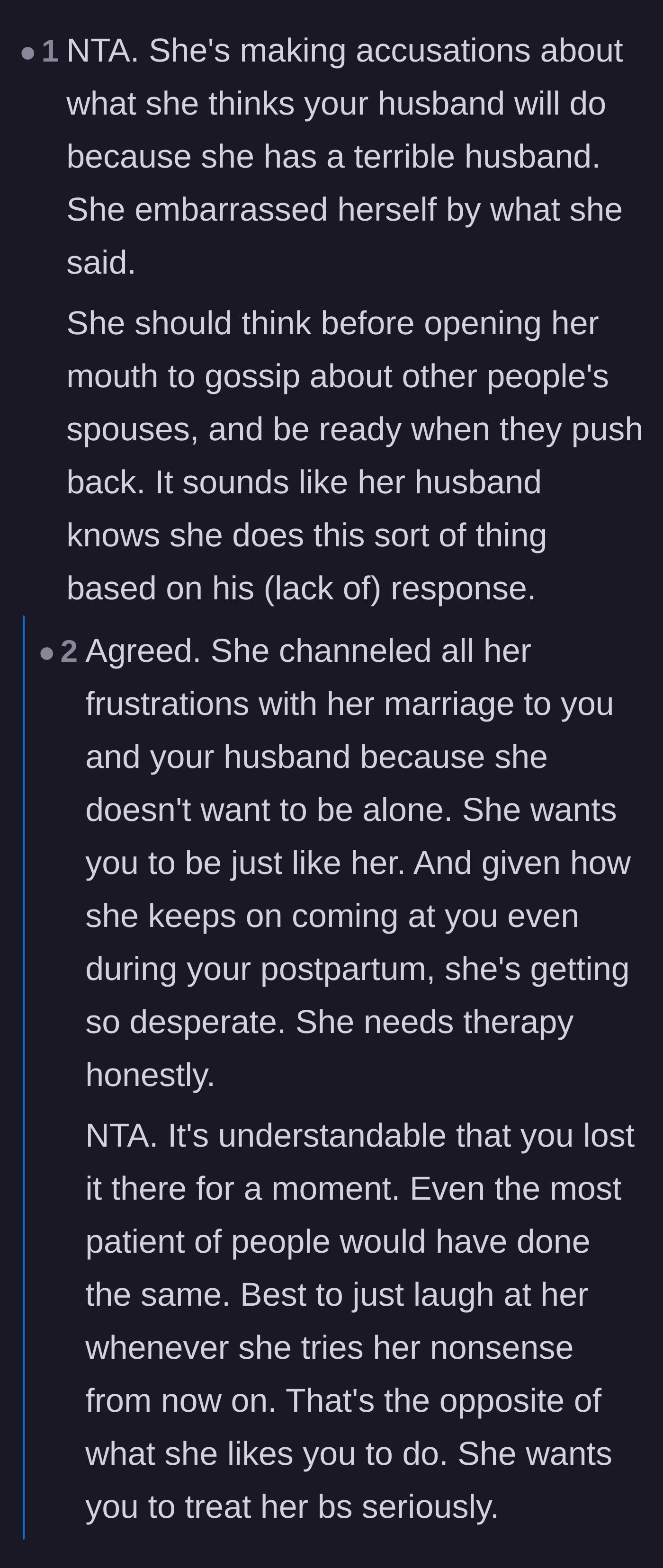 Comment thread 1 - Readers dissecting the sister's blatant projection and her own husband's utter lack of support.