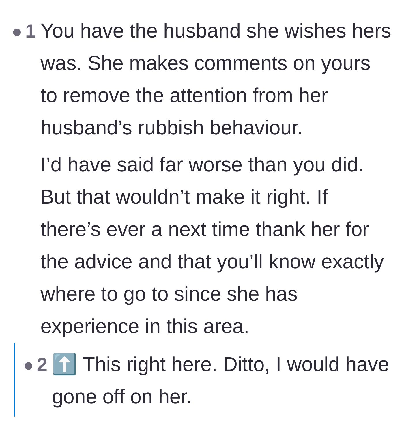Comment thread 5 - Readers discussing how the sister uses the main character's marriage as a distraction from her own cheating husband.