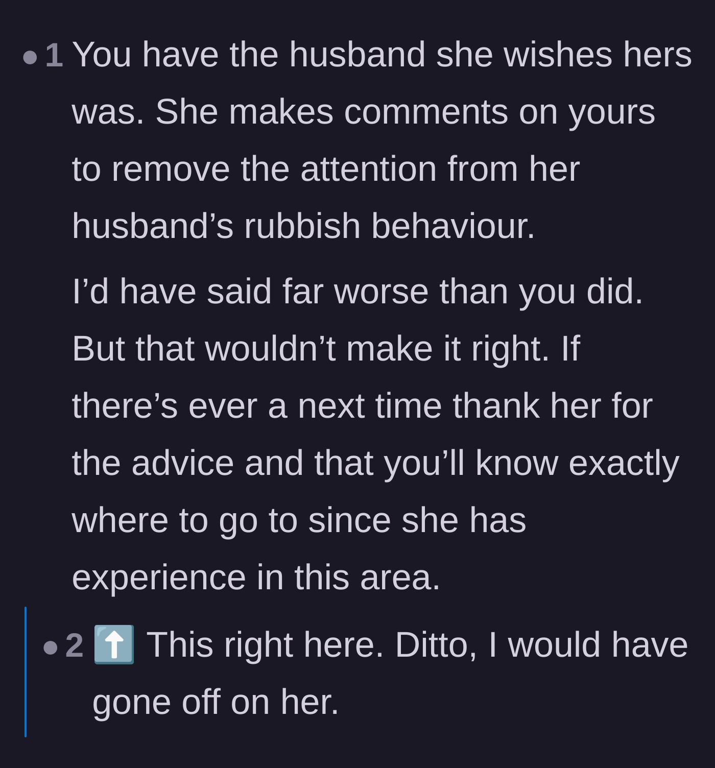 Comment thread 5 - Readers discussing how the sister uses the main character's marriage as a distraction from her own cheating husband.