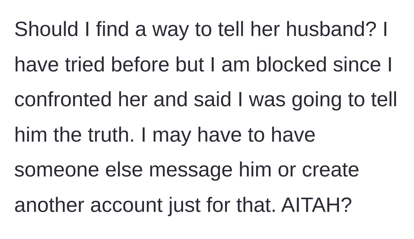 Story part 5 - The wife debates using a burner account to expose the ongoing harassment to the coworker's husband.