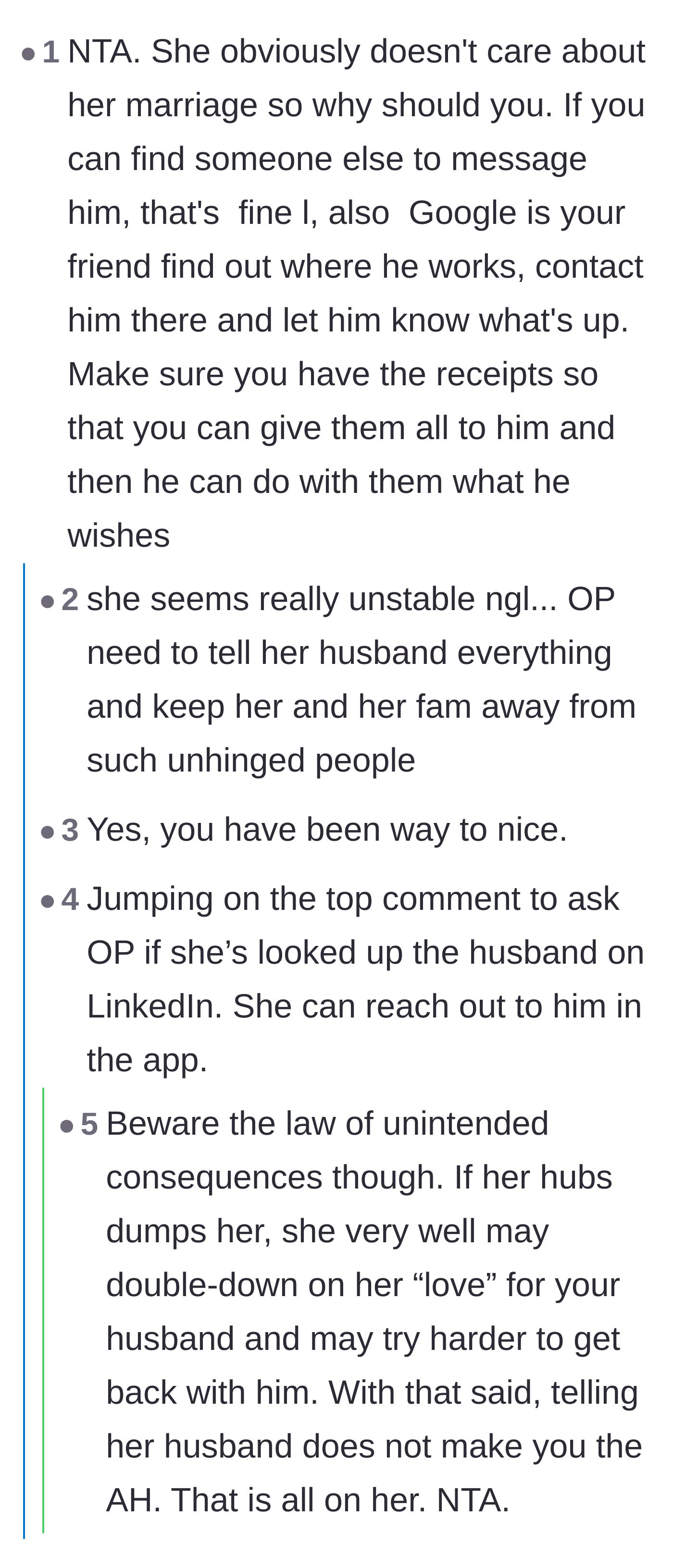 Comment thread 1 - Advice on using LinkedIn to bypass the block and warn the affair partner's husband.