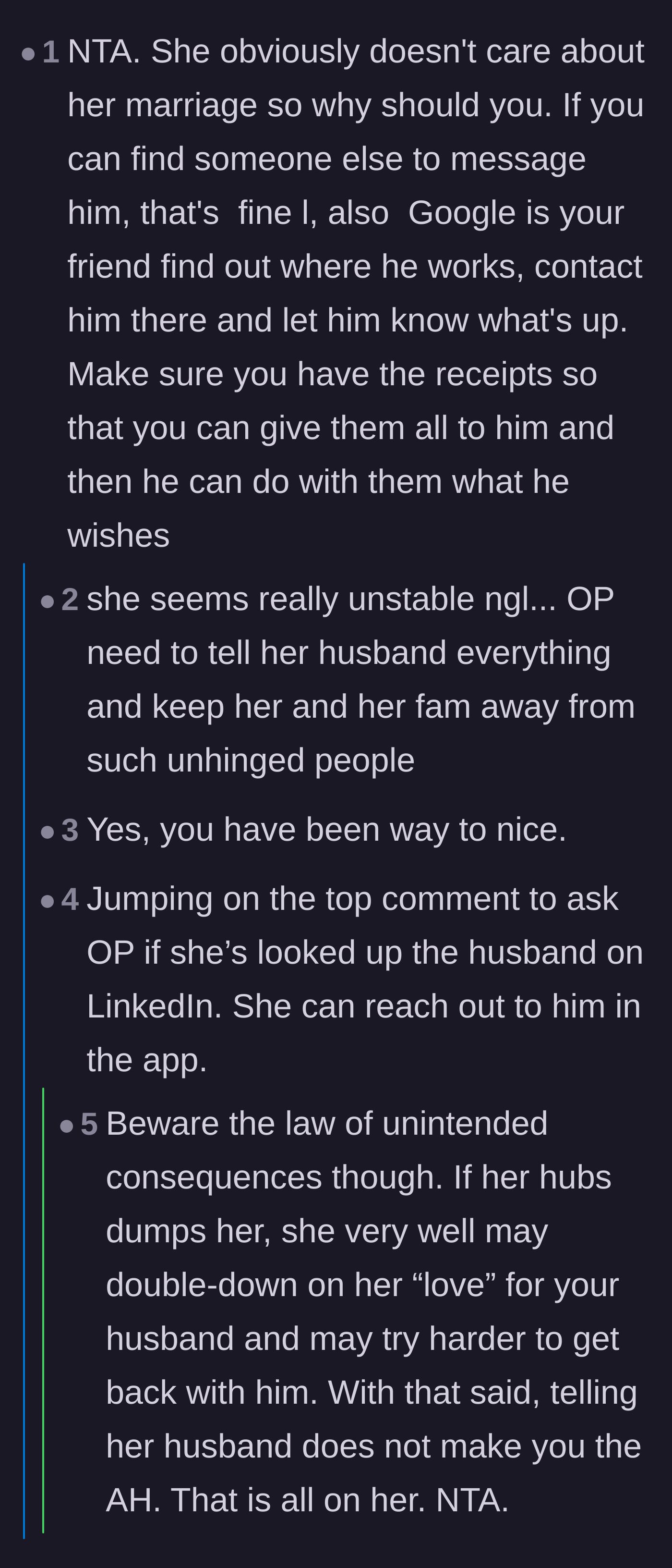 Comment thread 1 - Advice on using LinkedIn to bypass the block and warn the affair partner's husband.