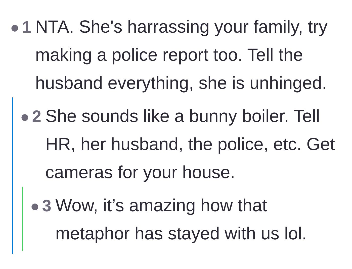 Comment thread 3 - Suggestions to file a police report and get security cameras for the house.
