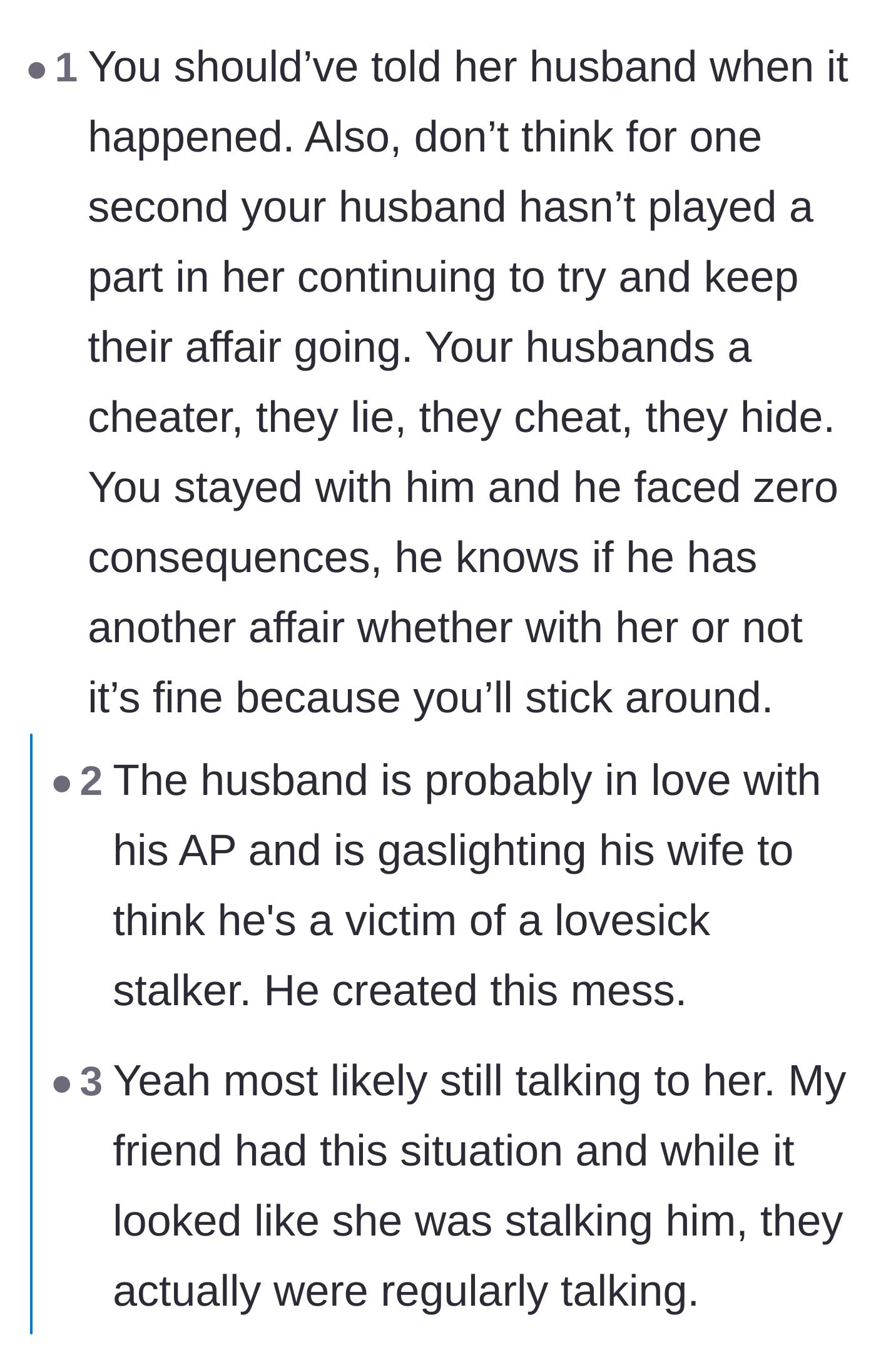 Comment thread 4 - Skepticism about the husband's true innocence and whether he is secretly encouraging the affair partner.