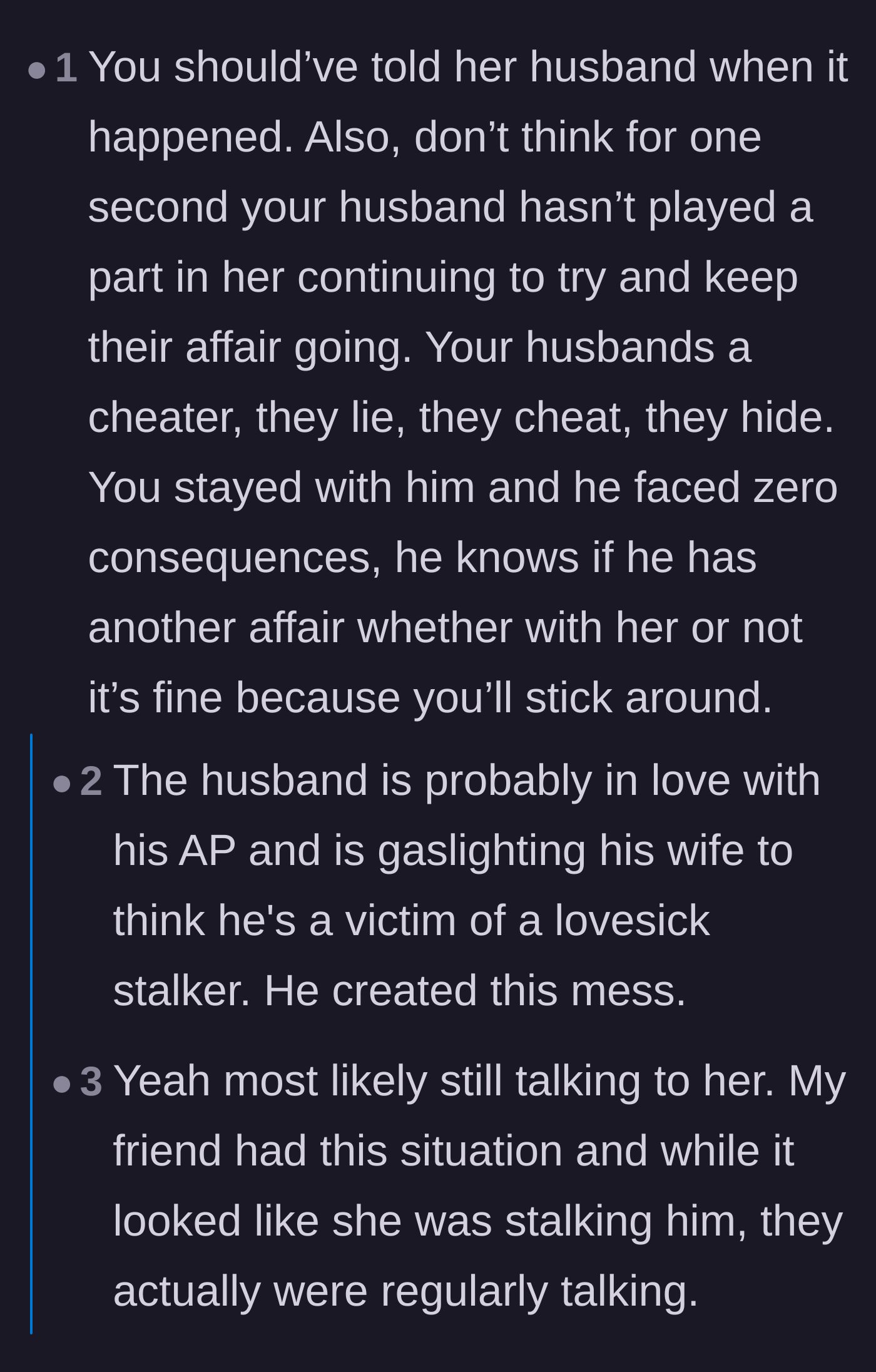 Comment thread 4 - Skepticism about the husband's true innocence and whether he is secretly encouraging the affair partner.