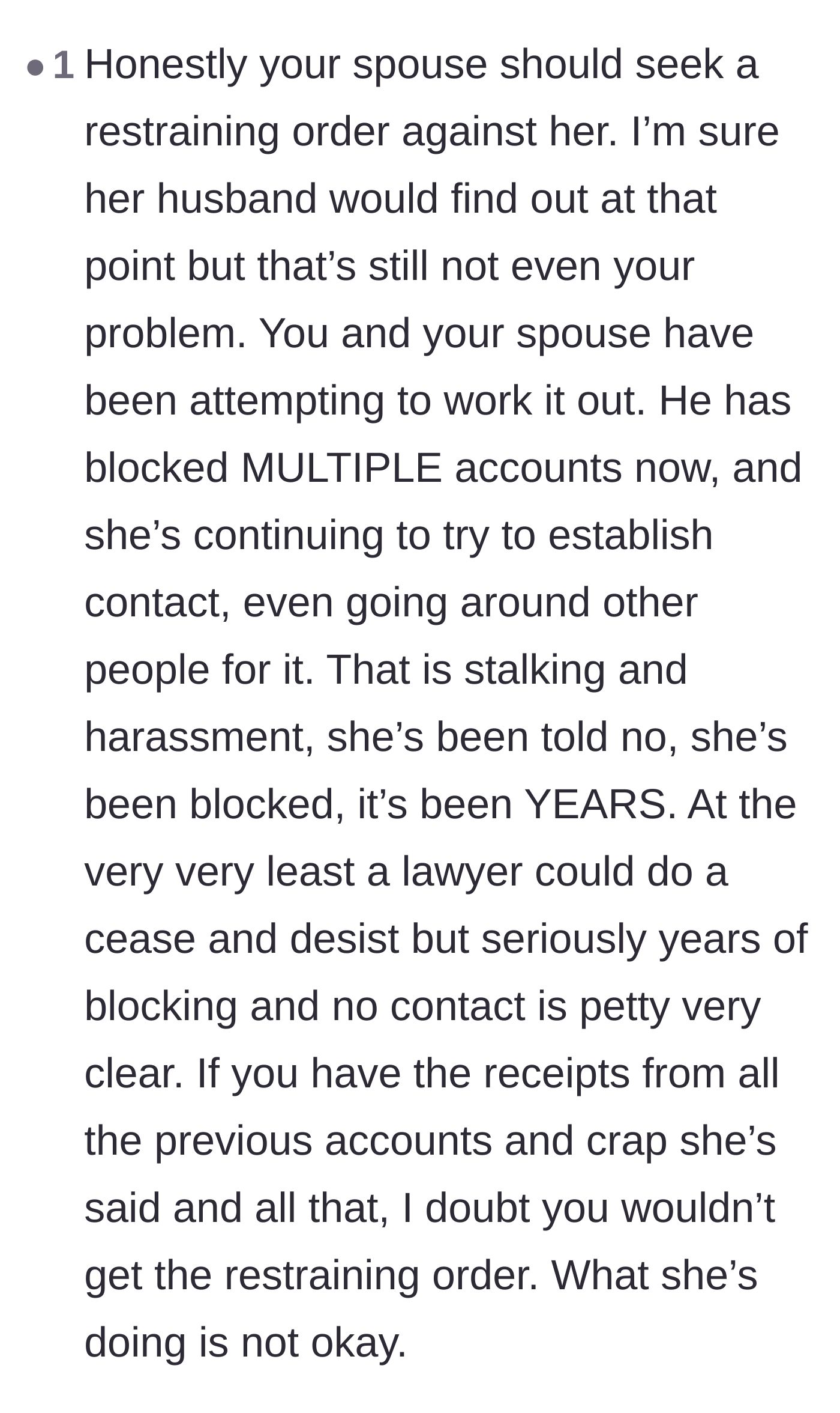Comment thread 5 - Recommending a formal cease and desist or restraining order against the affair partner.