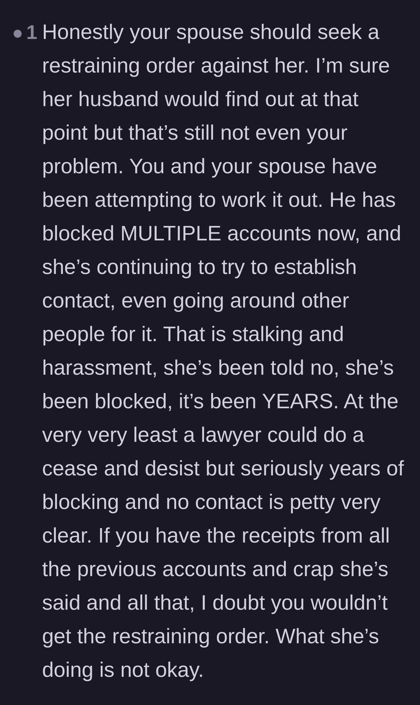 Comment thread 5 - Recommending a formal cease and desist or restraining order against the affair partner.