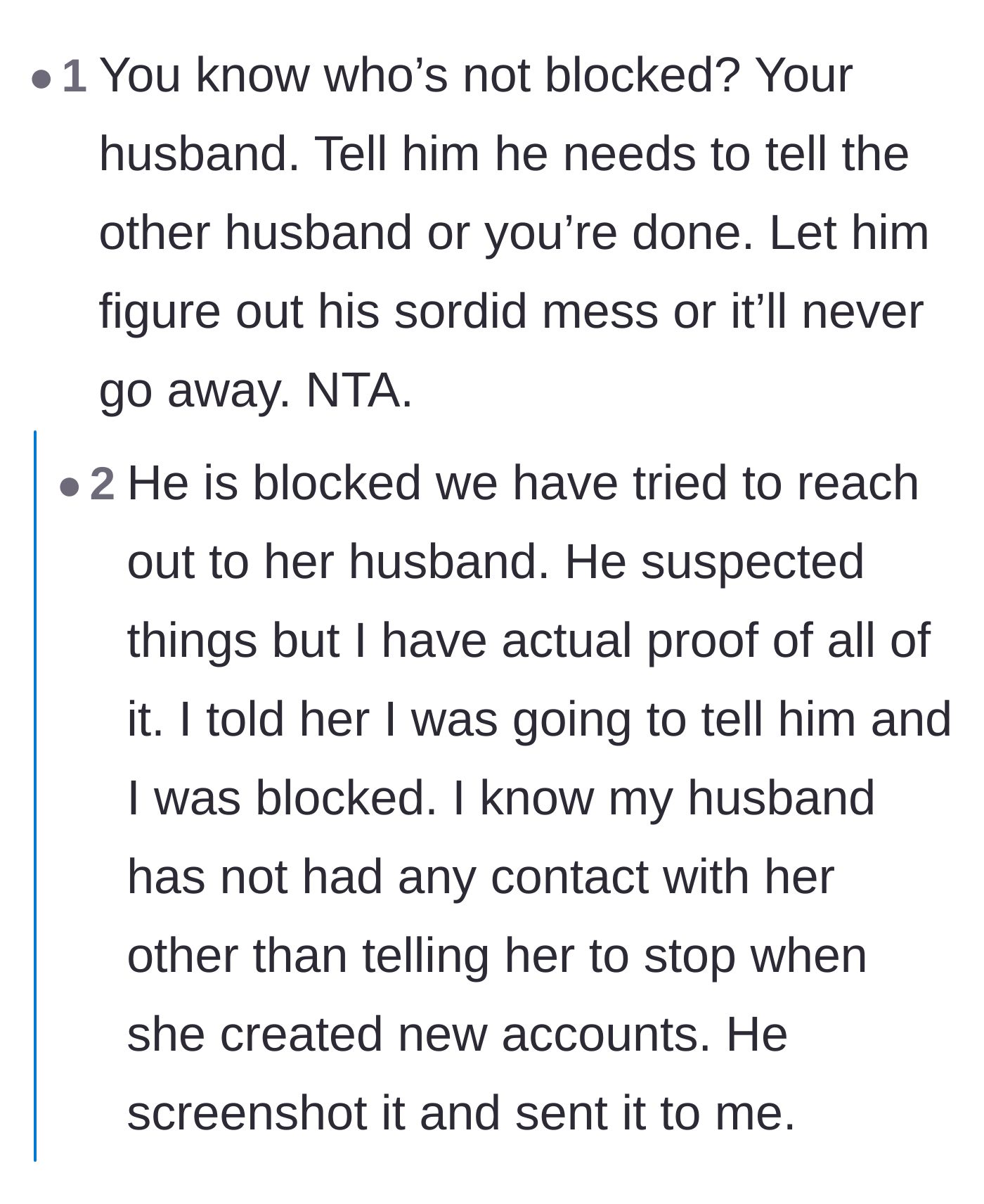 Comment thread 6 - Telling the wife to force her husband to clean up his own mess by contacting the other husband.