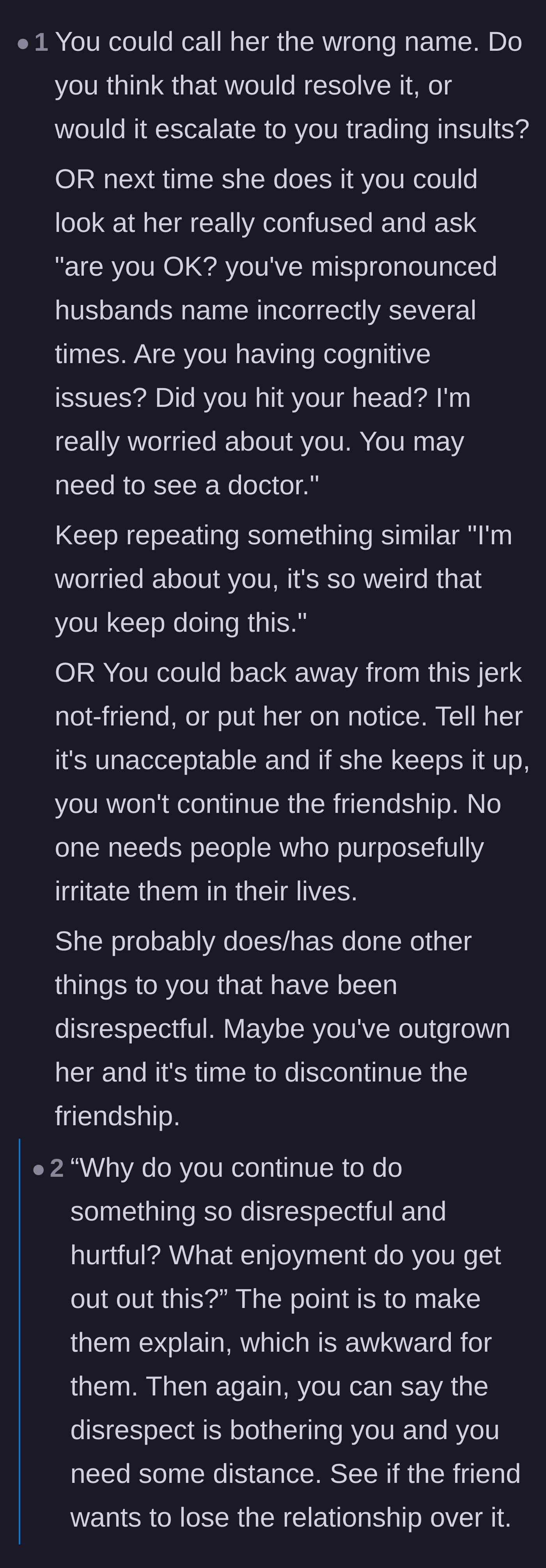 Comment thread 3 - Suggestions to use fake concern about her memory or asking direct questions to make her explain the joke.