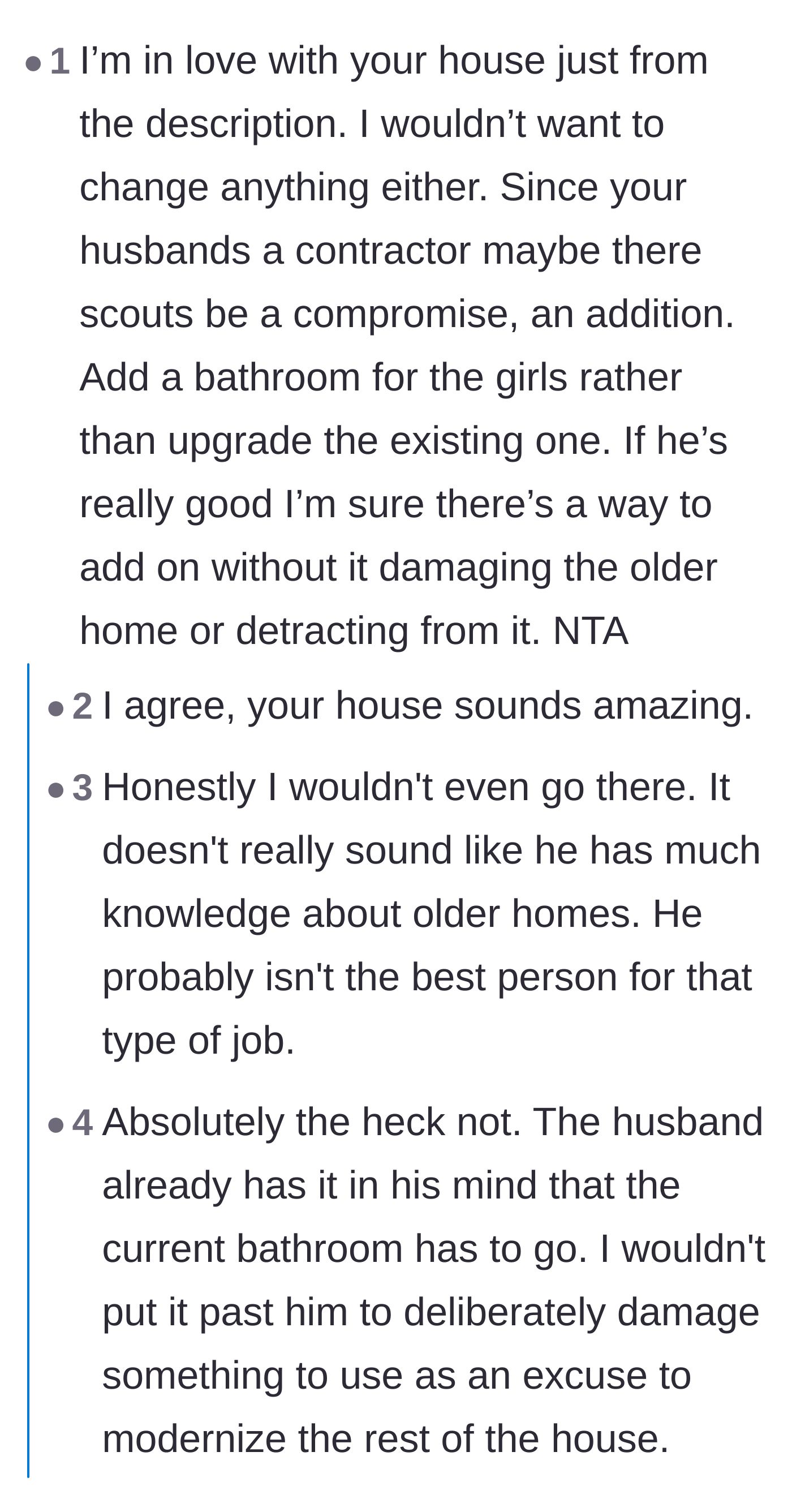 Comment thread 2 - Suggestions for building an addition and warnings about the husband overstepping boundaries.