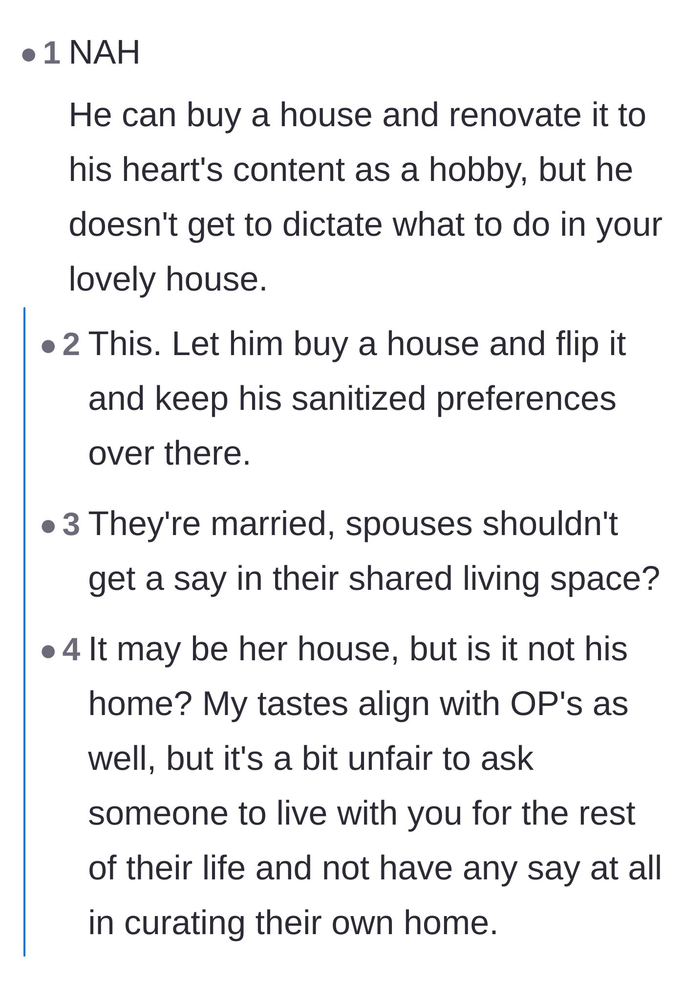 Comment thread 3 - A debate over whether spouses have the right to remodel pre-owned property.