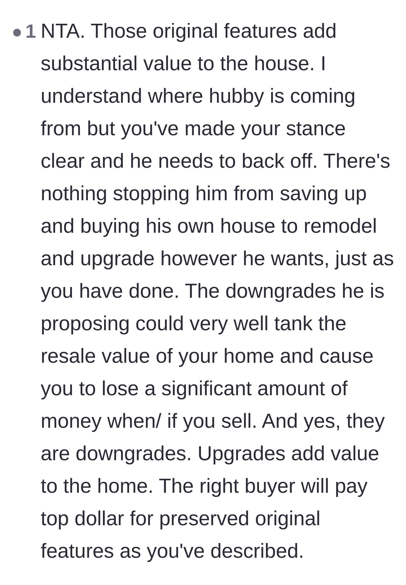 Comment thread 6 - An explanation of why preserving authentic fixtures protects the home's true value.