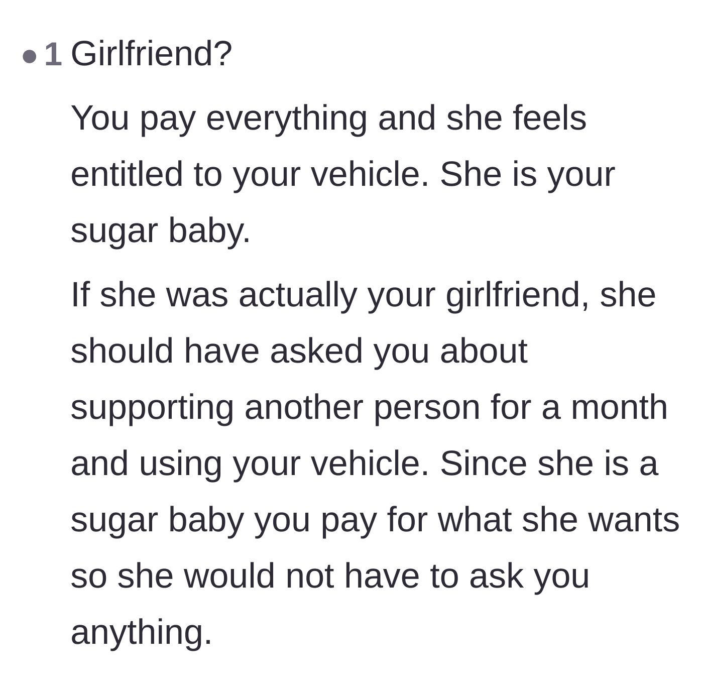 Comment thread 3 - A commenter reclassifies the relationship dynamic, arguing the girlfriend is actually acting like an entitled beneficiary.