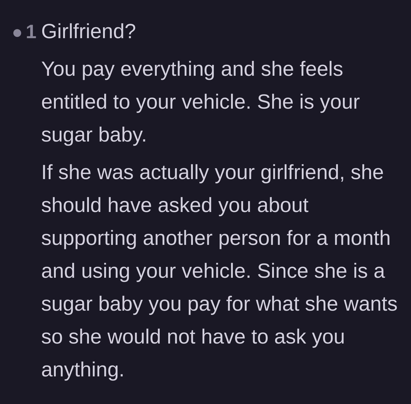 Comment thread 3 - A commenter reclassifies the relationship dynamic, arguing the girlfriend is actually acting like an entitled beneficiary.