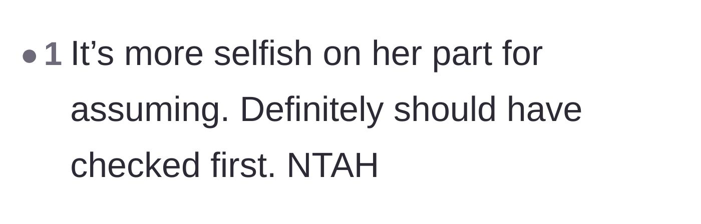 Comment thread 6 - A straightforward judgment calling out the girlfriend's selfishness for assuming she could use his property.