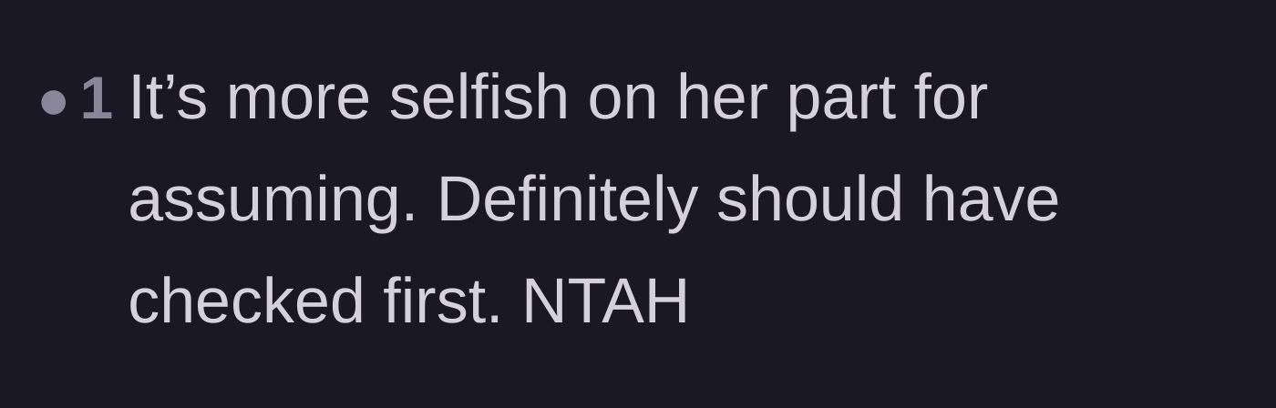 Comment thread 6 - A straightforward judgment calling out the girlfriend's selfishness for assuming she could use his property.