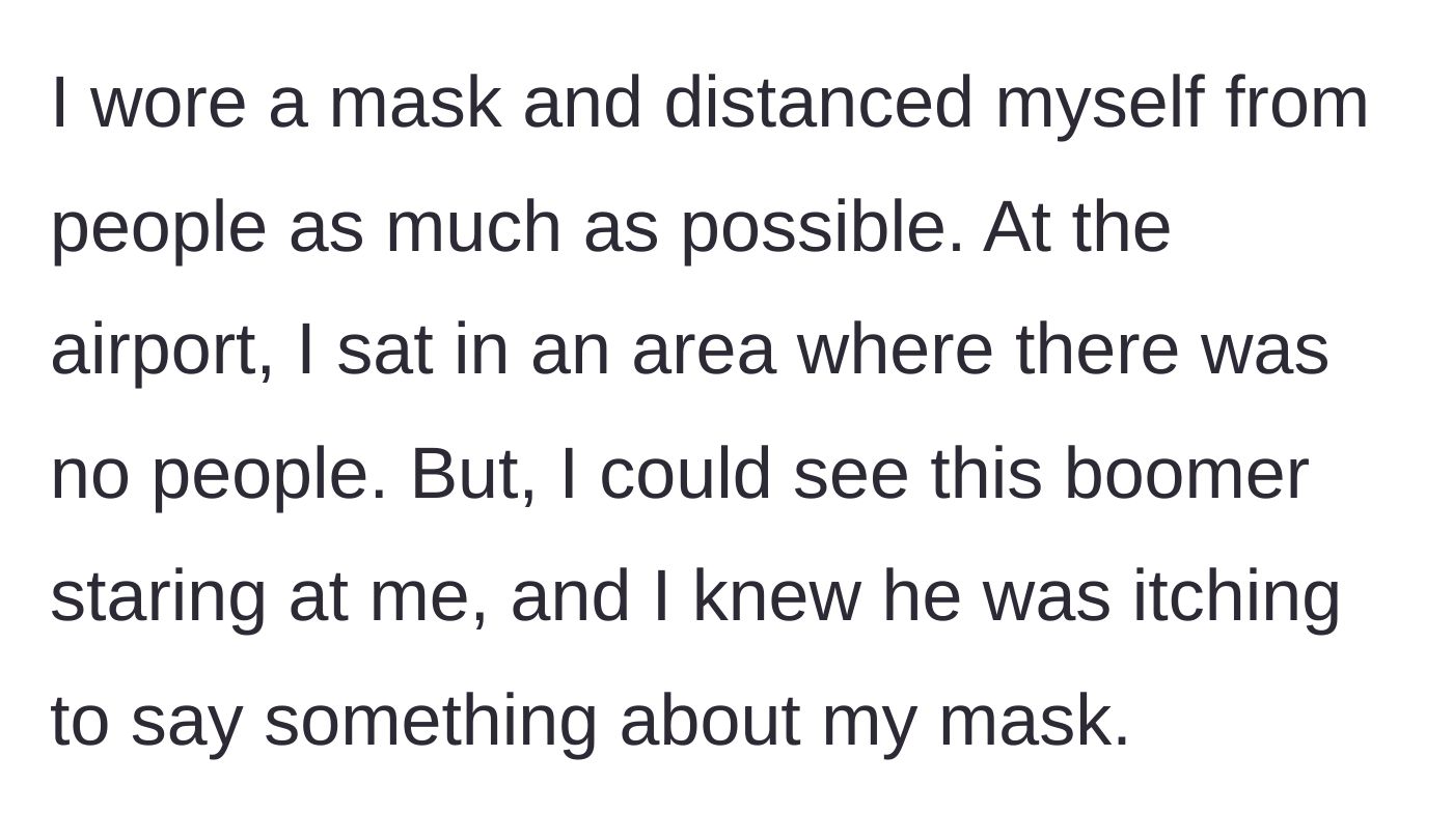 Story part 2 - The sick traveler isolates in an empty terminal area, only to notice an older man aggressively glaring at his protective mask.