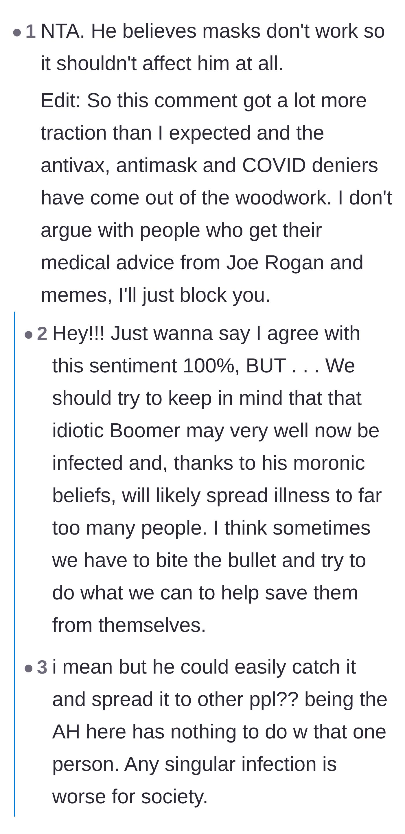 Comment thread 1 - Debate focusing on how infecting the anti-masker will ultimately endanger innocent people during the holidays.