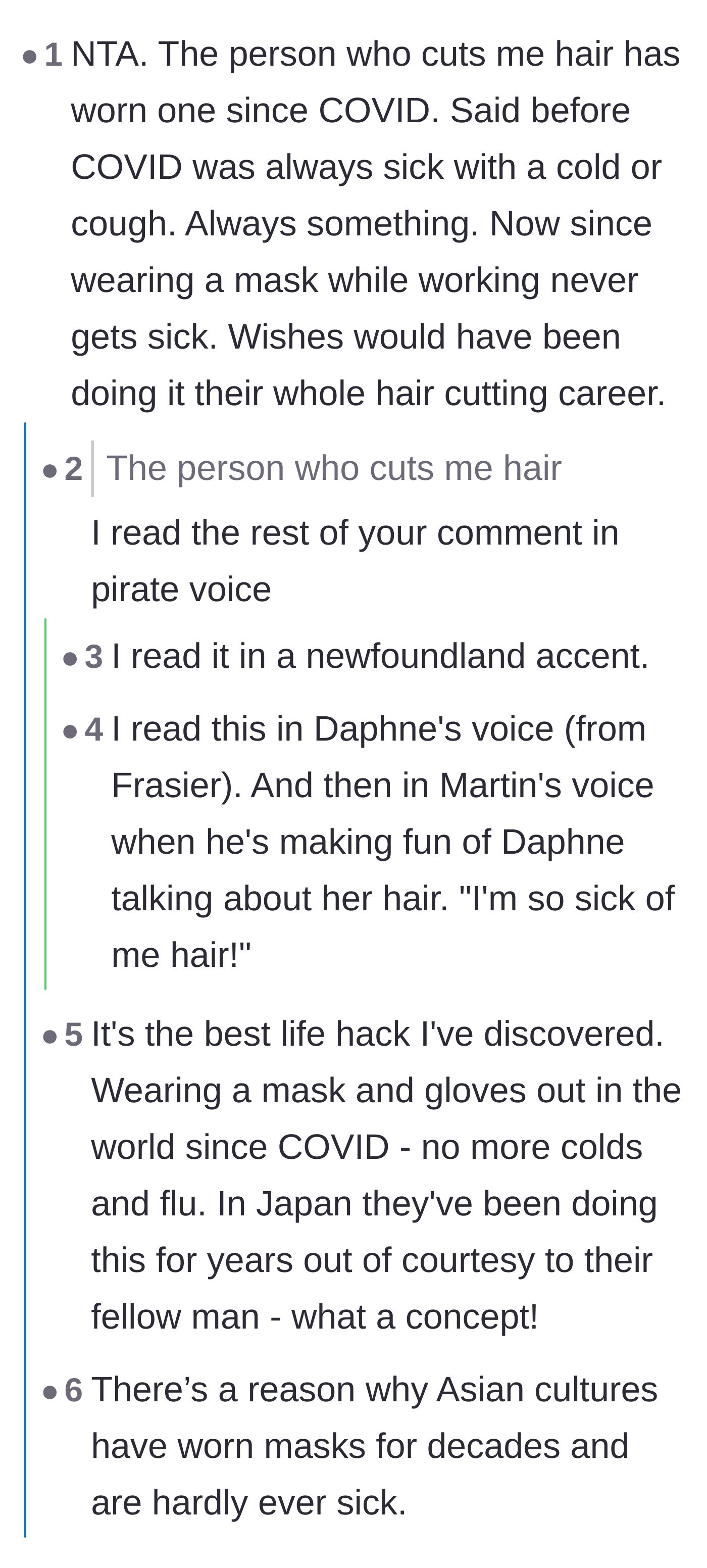 Comment thread 3 - Commenters sharing positive experiences about how wearing masks routinely has prevented them from catching standard colds.