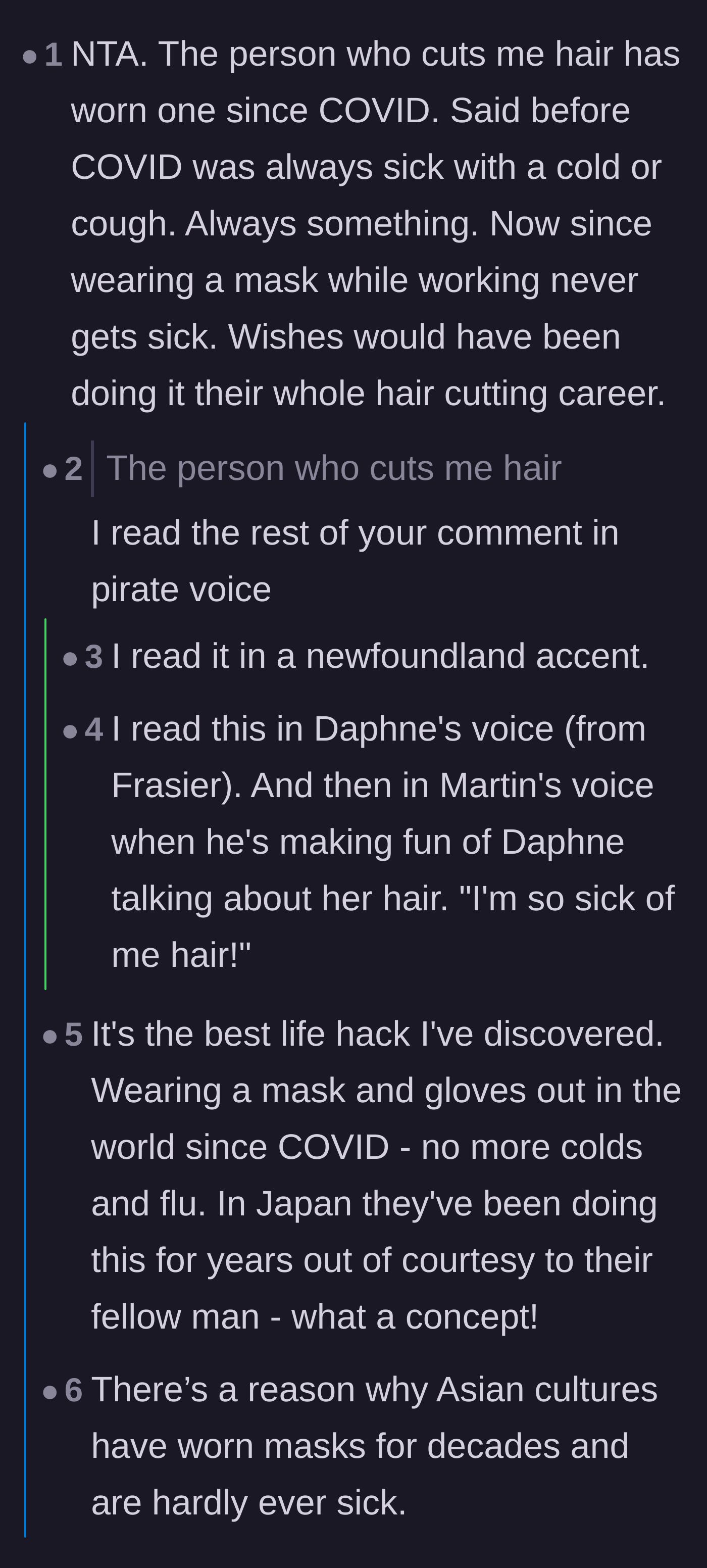 Comment thread 3 - Commenters sharing positive experiences about how wearing masks routinely has prevented them from catching standard colds.