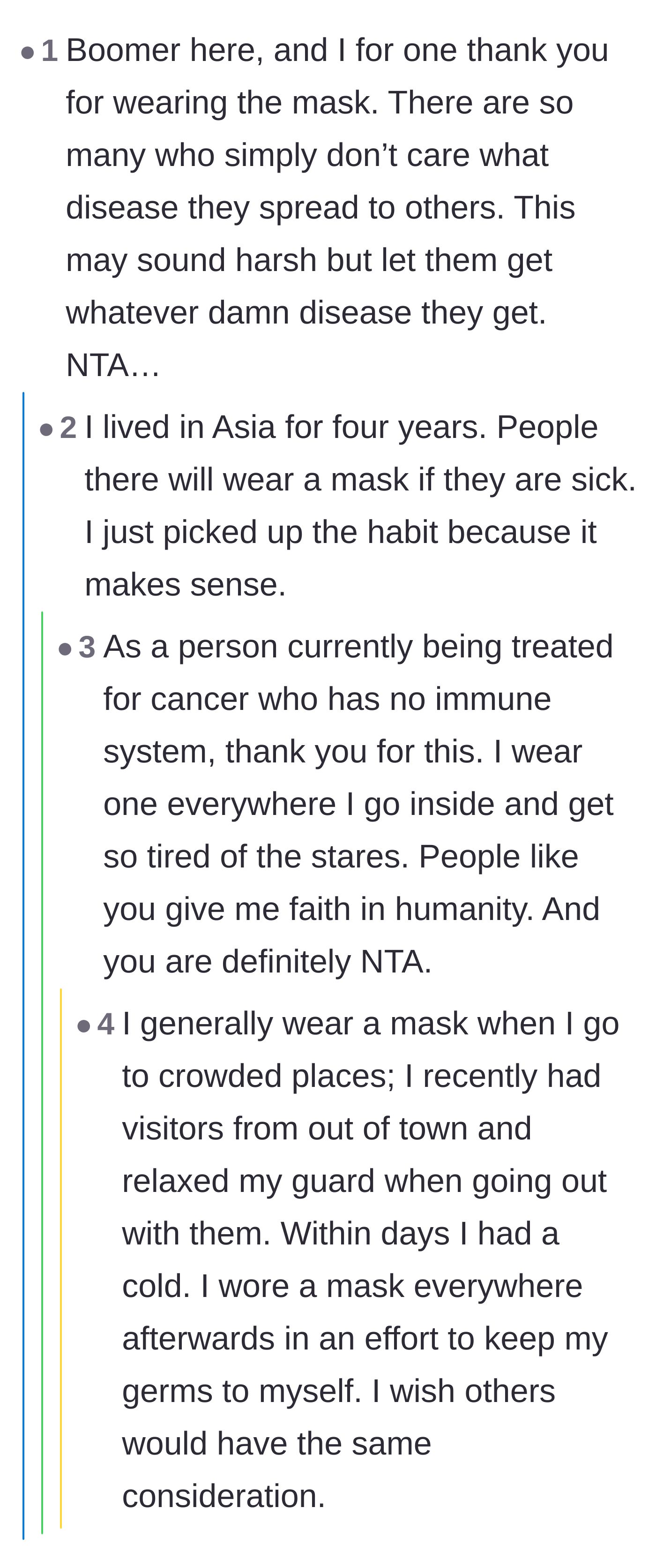 Comment thread 4 - An older commenter breaking the generational stereotype to thank the author, prompting stories from immunocompromised readers.