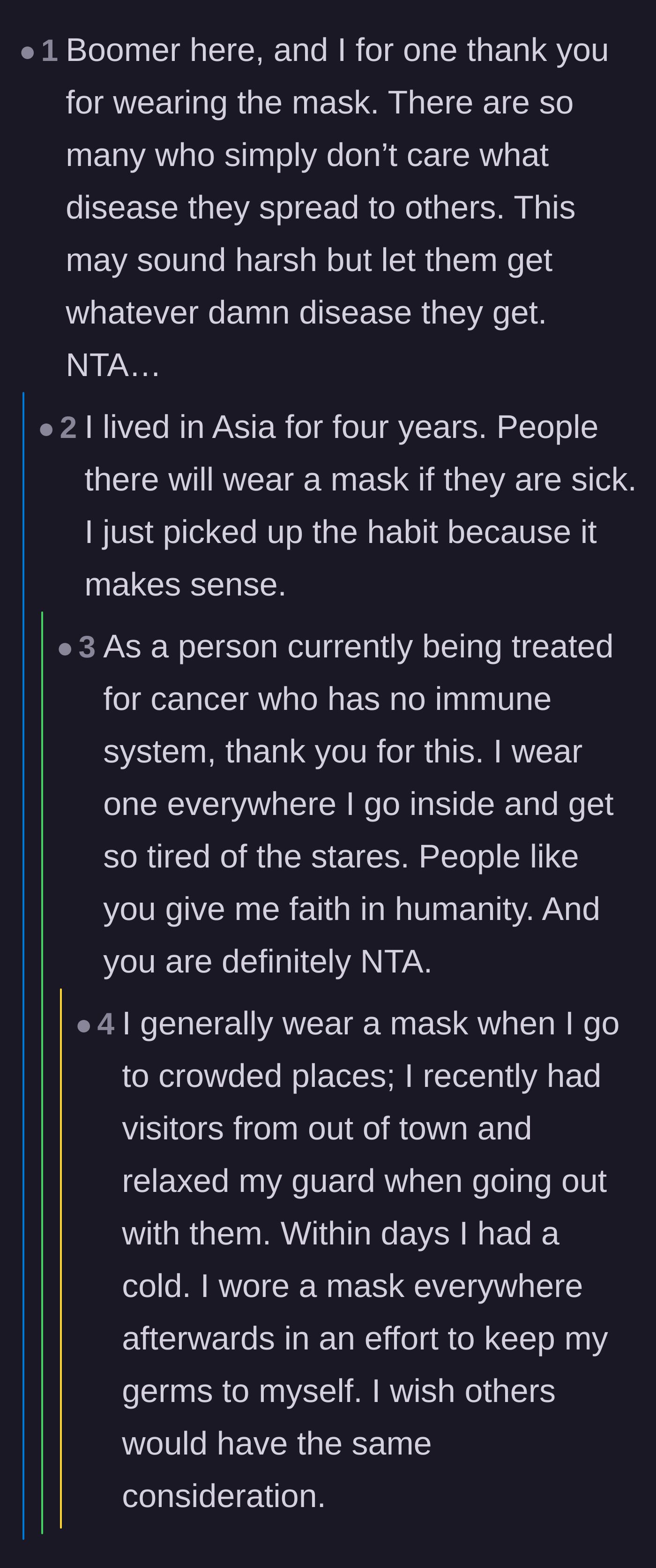 Comment thread 4 - An older commenter breaking the generational stereotype to thank the author, prompting stories from immunocompromised readers.