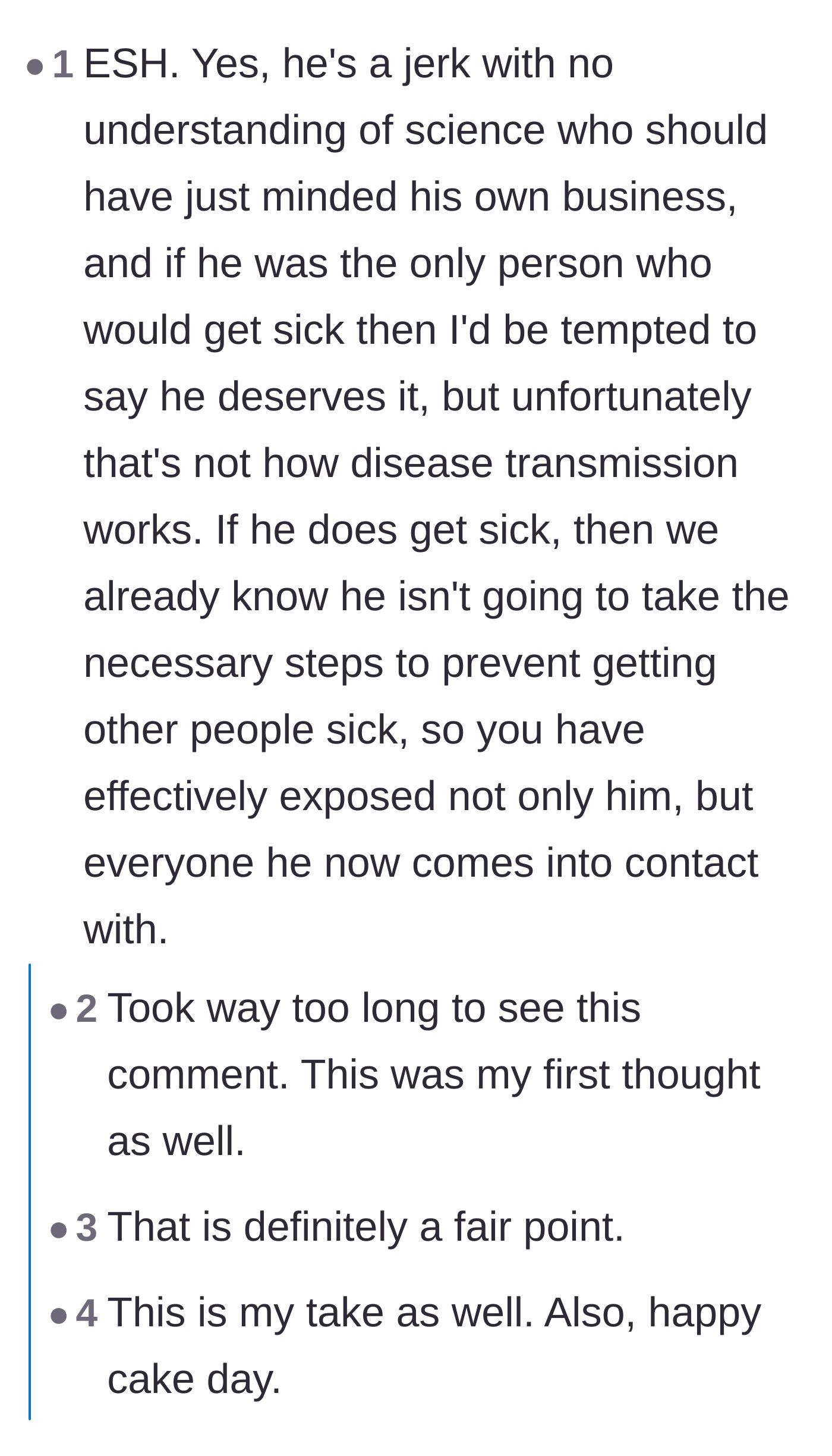 Comment thread 5 - A critical discussion concluding everyone was in the wrong, featuring a cancer survivor explaining the danger of lingering airborne viruses.