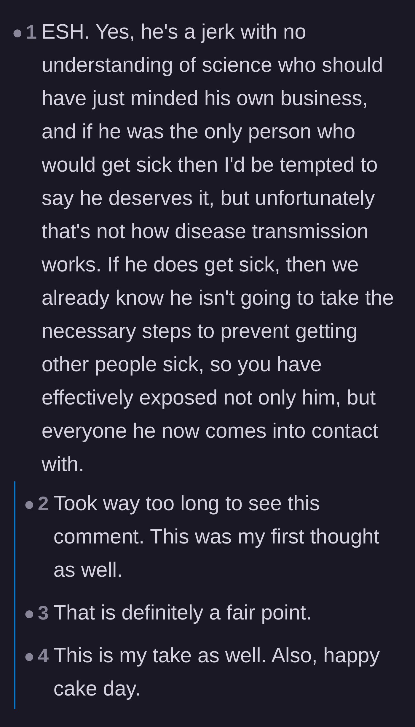 Comment thread 5 - A critical discussion concluding everyone was in the wrong, featuring a cancer survivor explaining the danger of lingering airborne viruses.