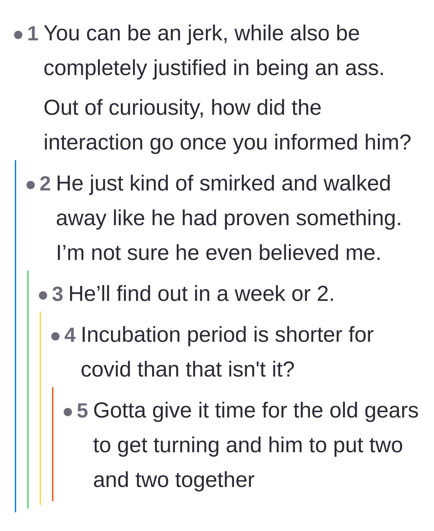Comment thread 6 - Readers pressing for details on the stranger's reaction and making morbidly humorous predictions about his incubation period.