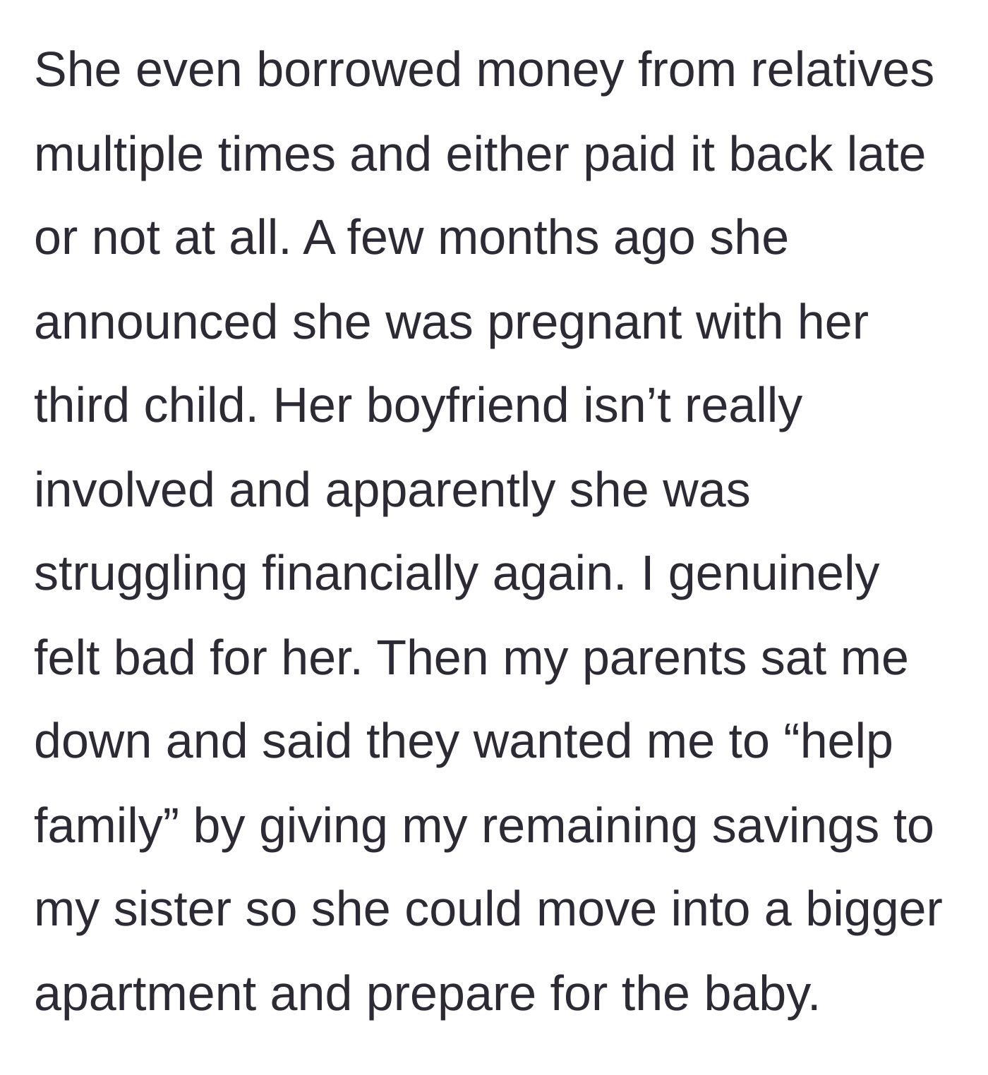 Story part 2 - The parents demand the brother surrender his remaining college fund to his pregnant, struggling sister.