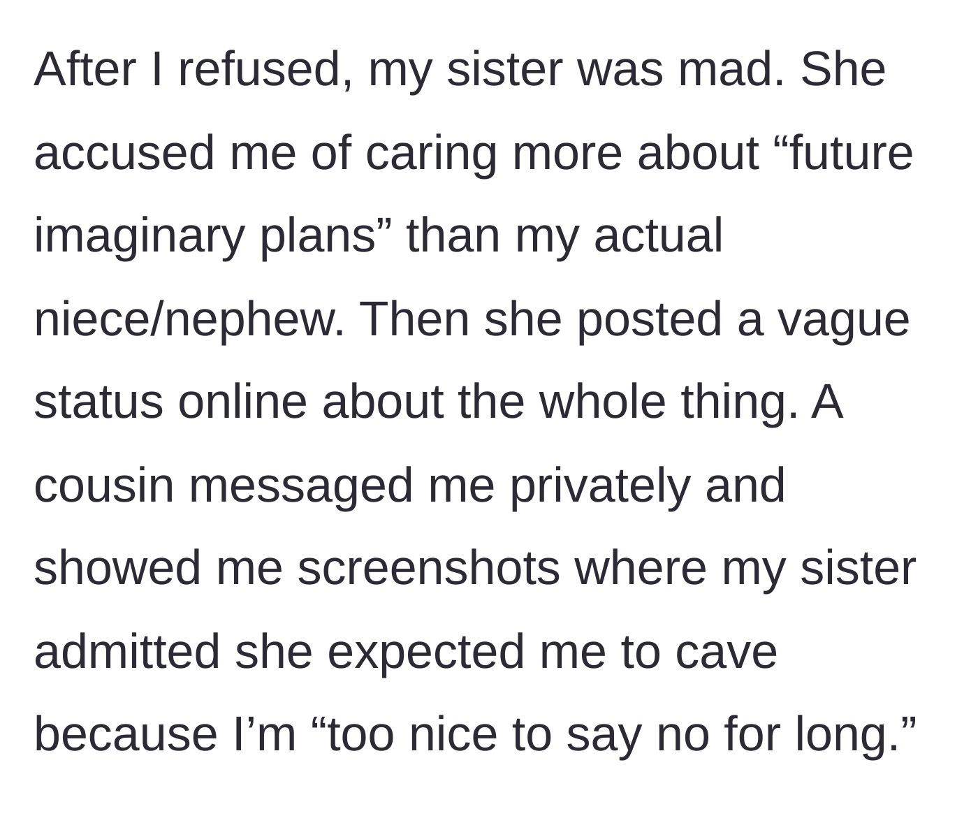 Story part 4 - The sister throws an online tantrum and is exposed via leaked messages plotting to exploit her brother's kindness.