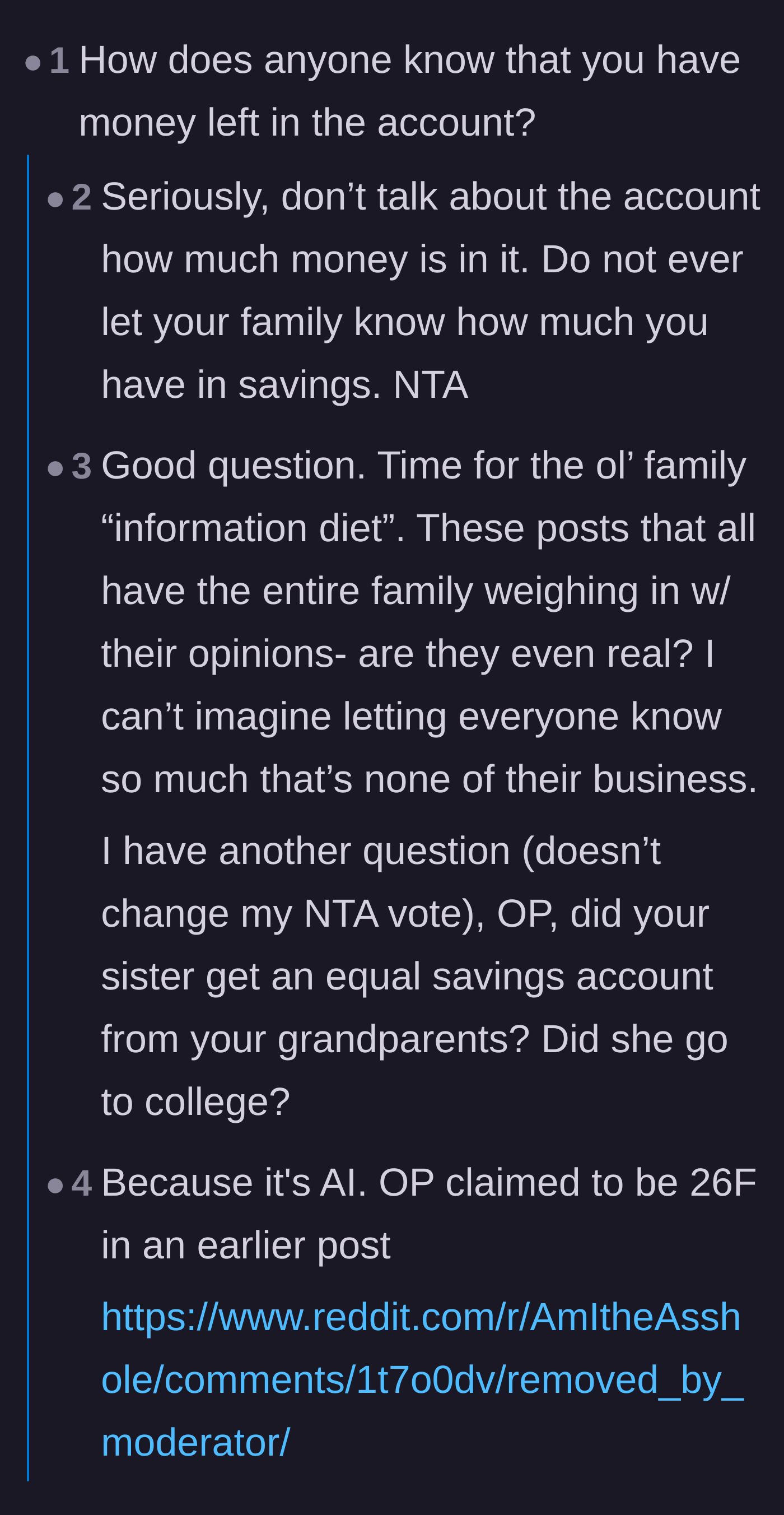Comment thread 4 - Advice to put the family on a strict information diet regarding personal finances