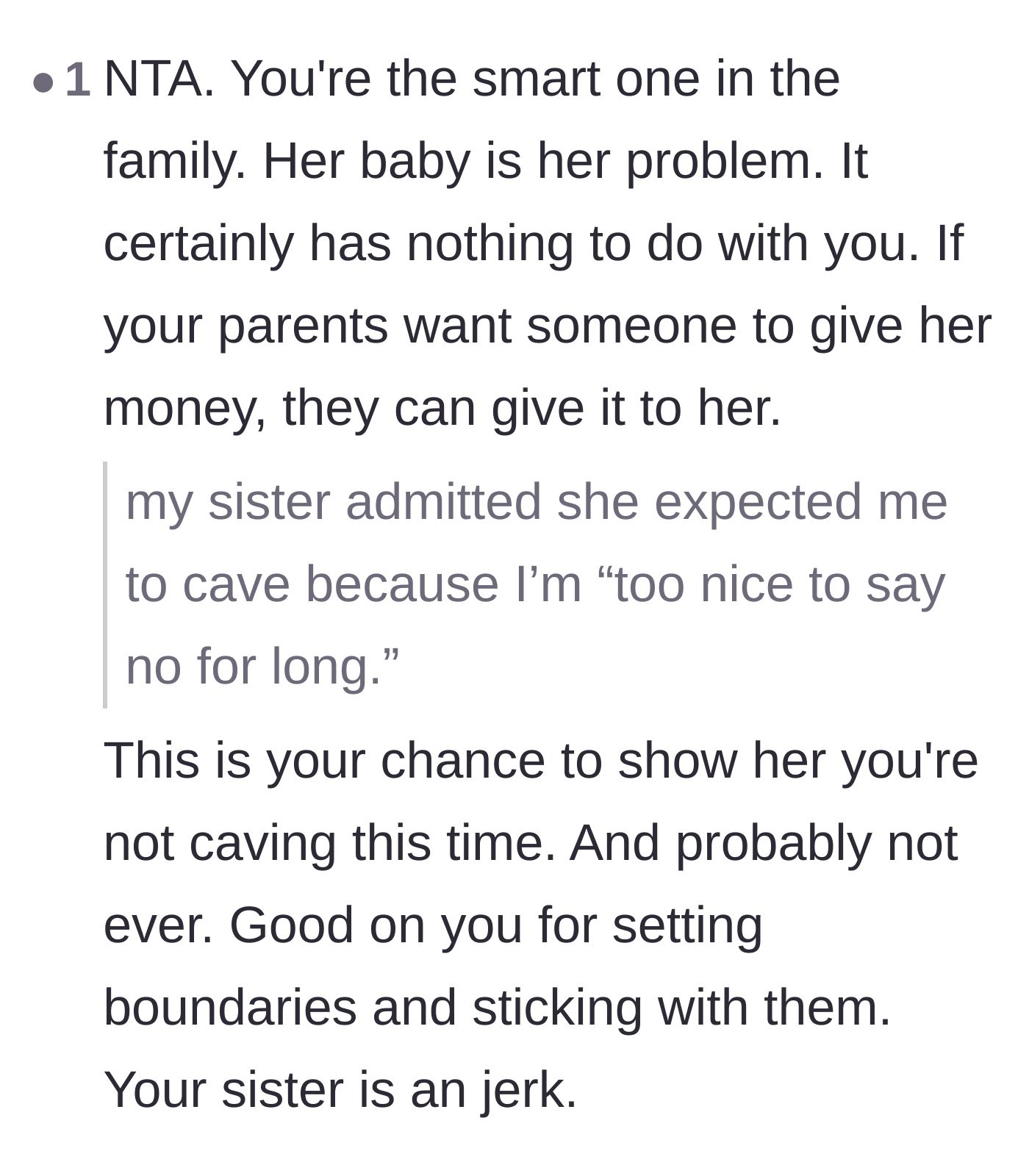 Comment thread 6 - Encouragement to prove the sister's manipulative assumptions wrong by holding the line