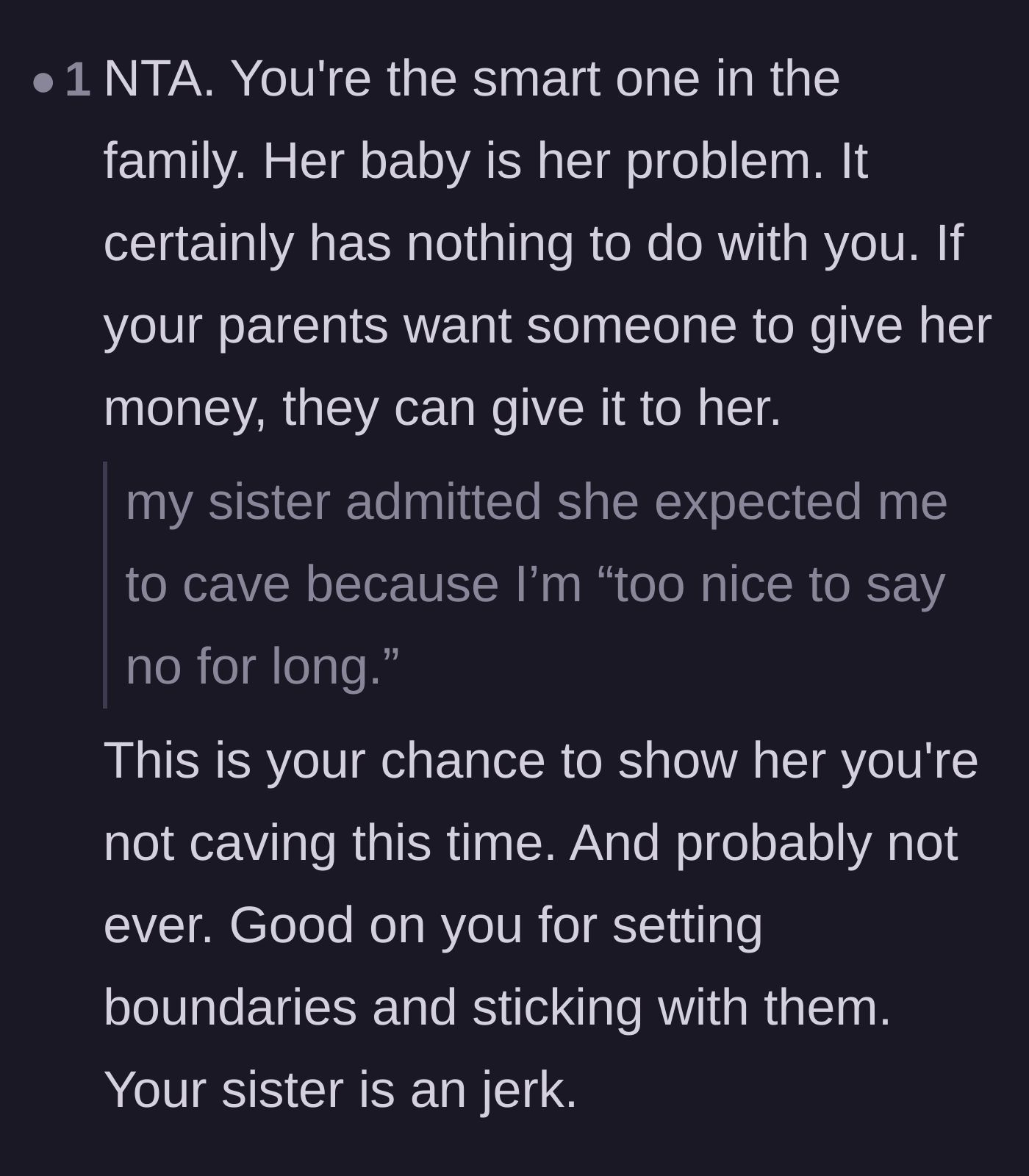 Comment thread 6 - Encouragement to prove the sister's manipulative assumptions wrong by holding the line