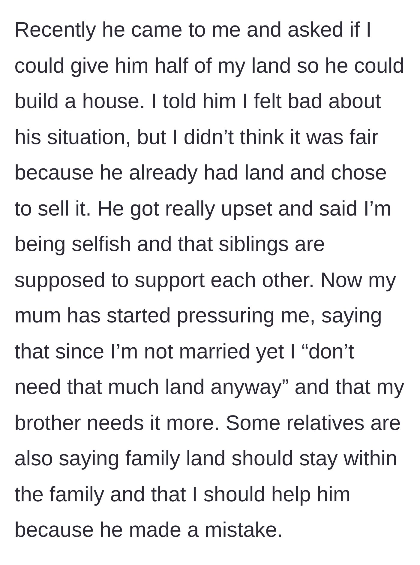 Story part 4 - The brother demands half of his sister's land, backed by their mother's sexist reasoning.