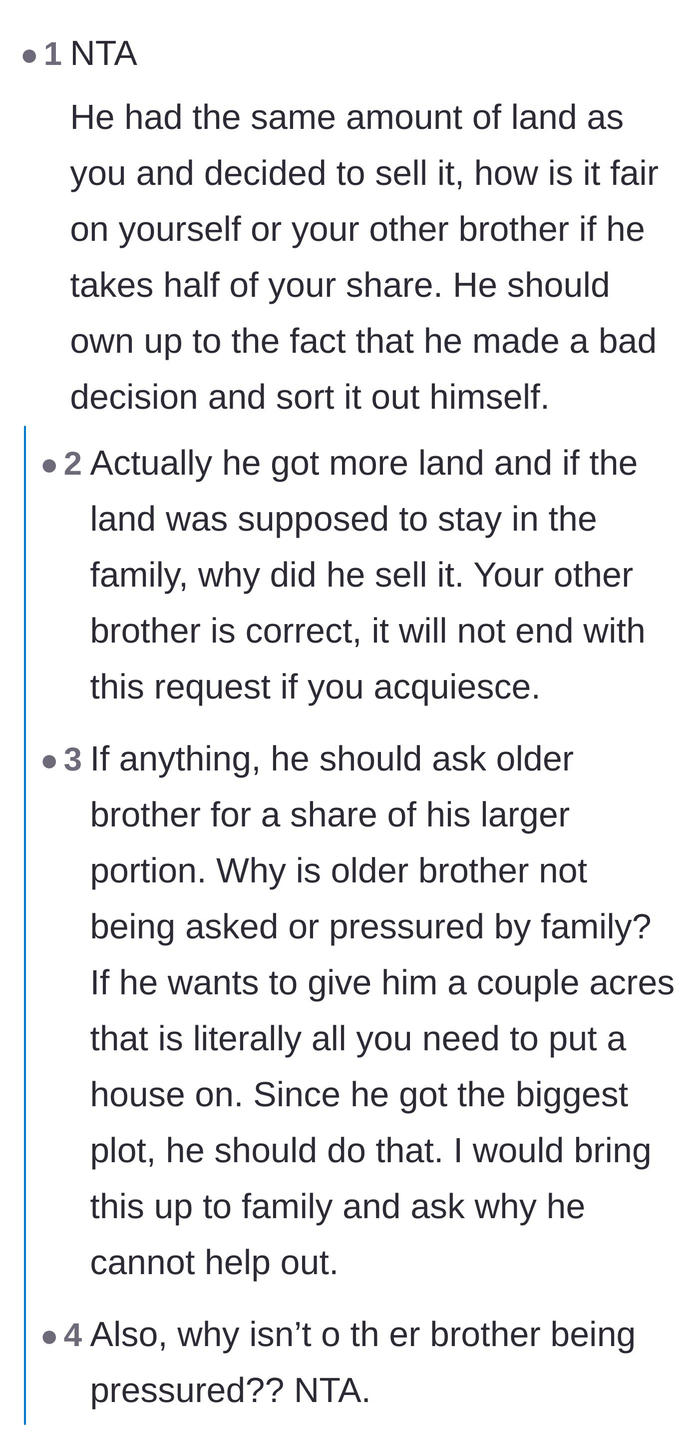 Comment thread 1 - A discussion pointing out the hypocrisy of the family targeting the sister instead of the older brother.