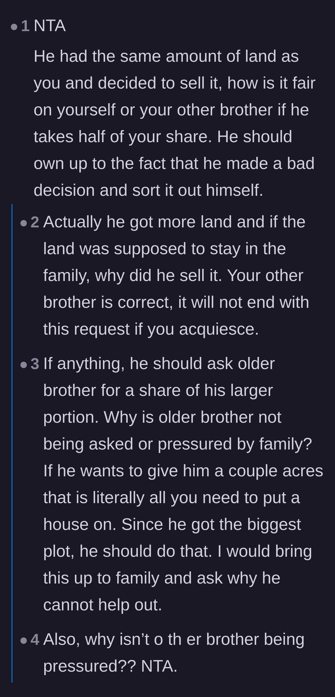 Comment thread 1 - A discussion pointing out the hypocrisy of the family targeting the sister instead of the older brother.