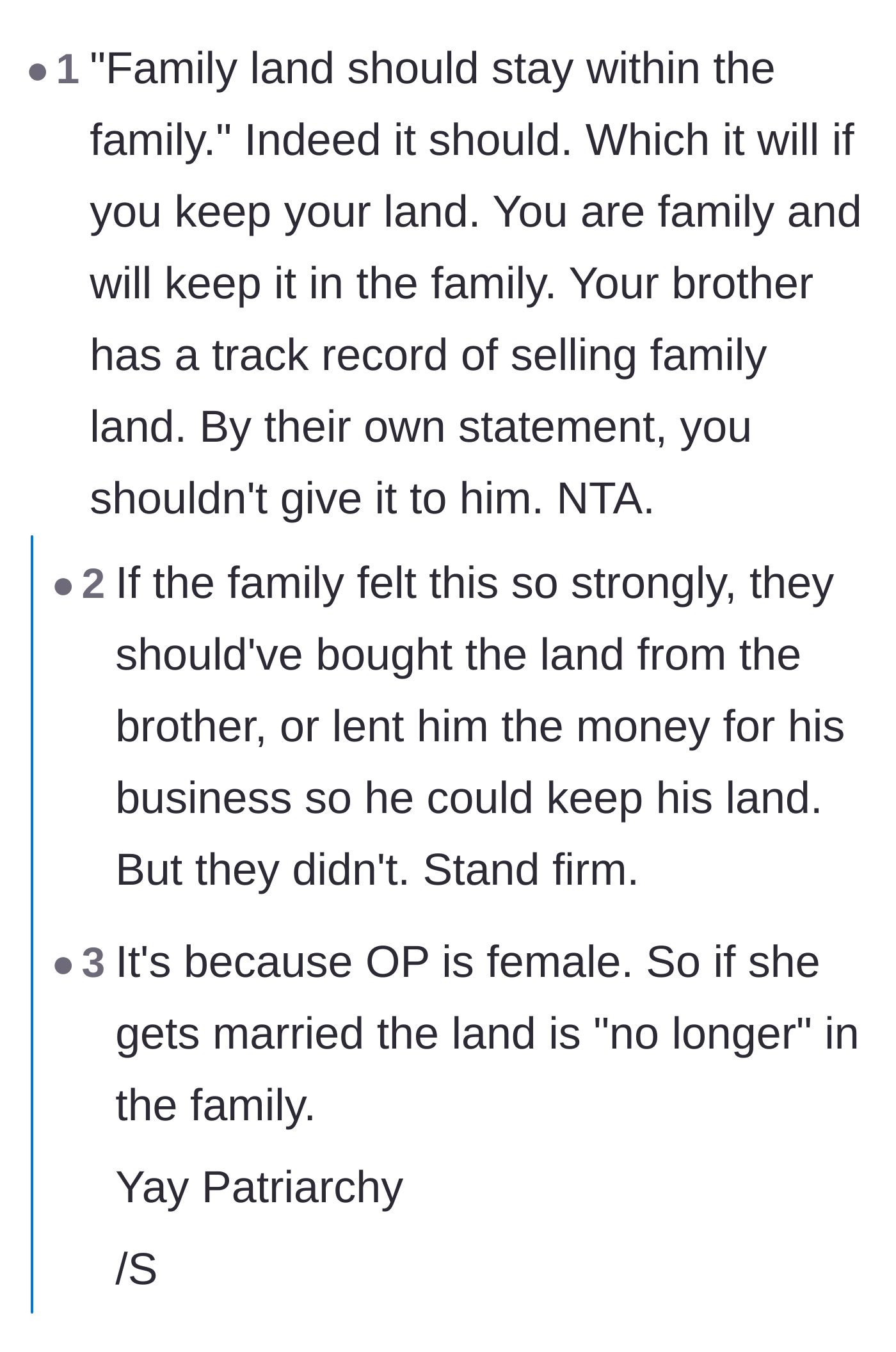 Comment thread 4 - A breakdown of the family's fundamentally flawed logic regarding keeping the land within the family.